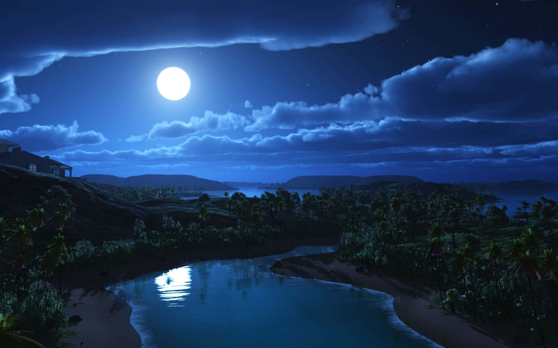 Full Moon Night Near Lake Wallpapers