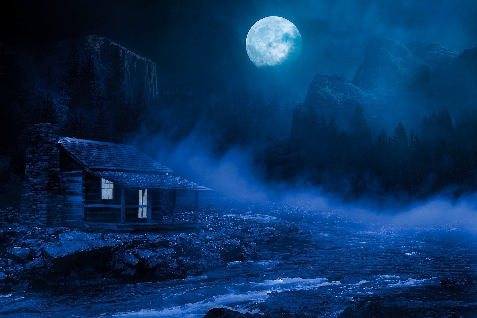 Full Moon Over Lakeside Cabin Wallpapers