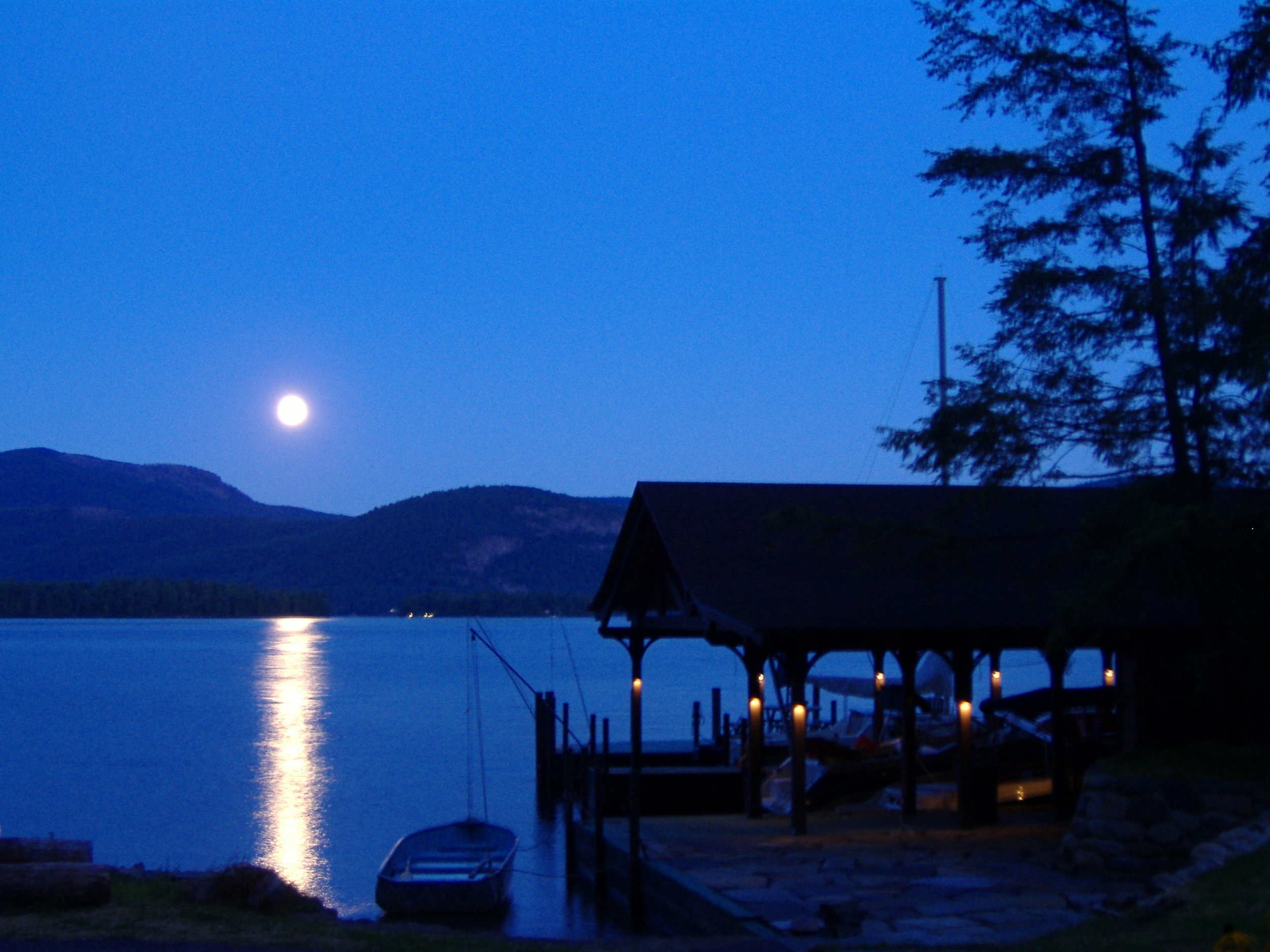 Full Moon Over Lakeside Cabin Wallpapers