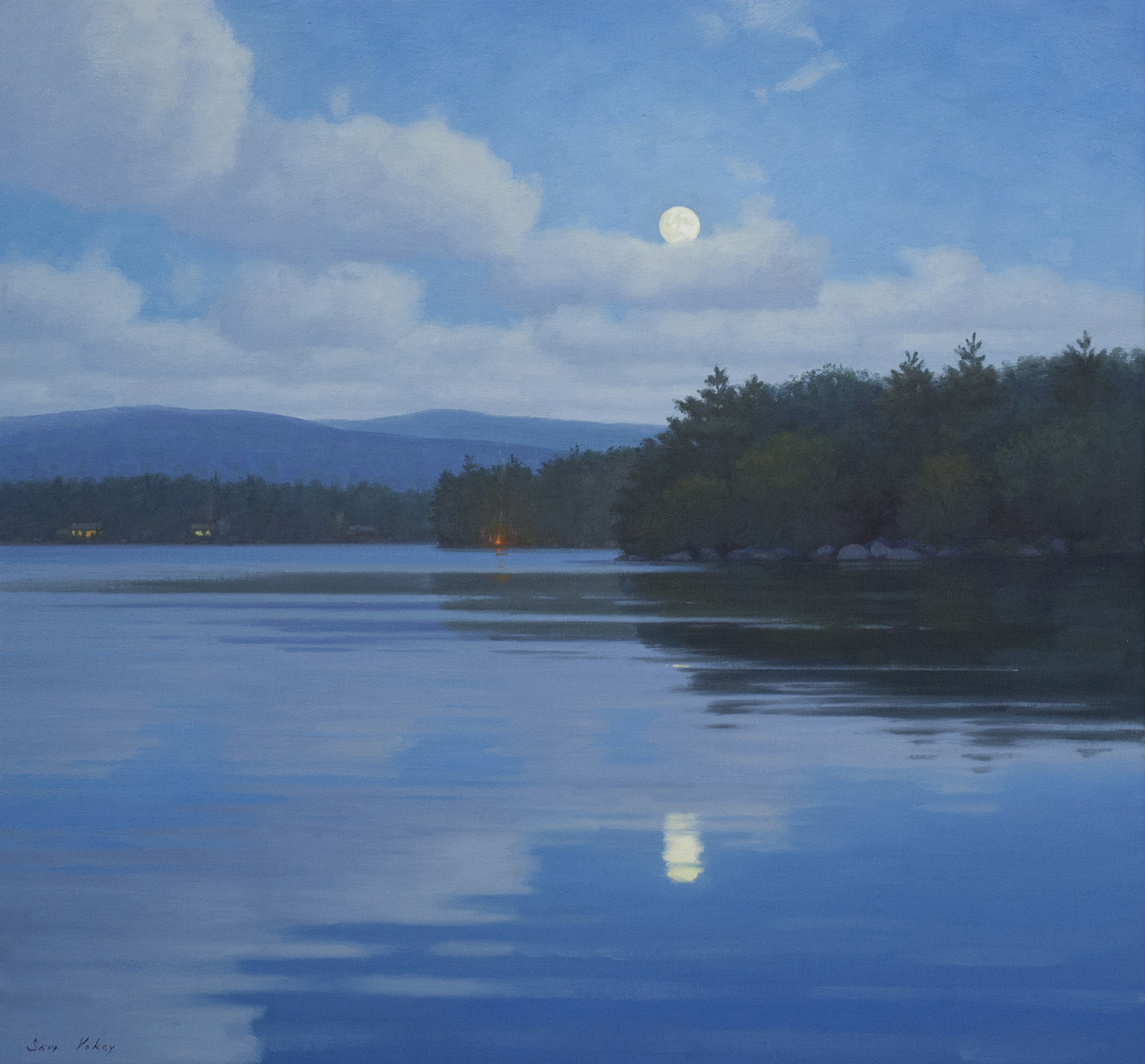 Full Moon Over Lakeside Cabin Wallpapers