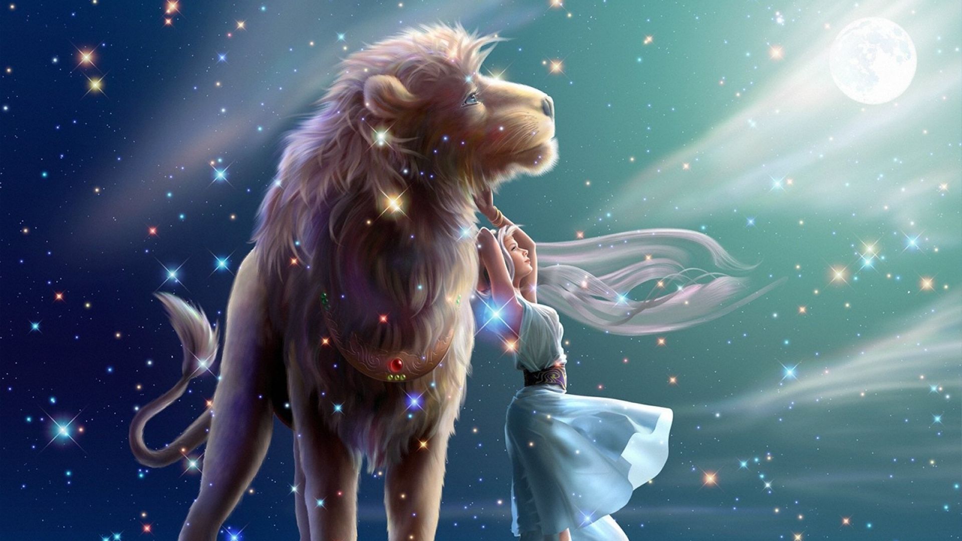 Girl Dreaming With Lion
 Wallpapers