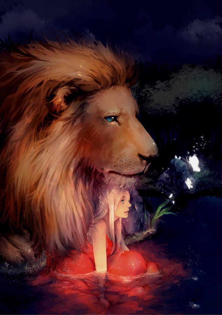 Girl Dreaming With Lion
 Wallpapers