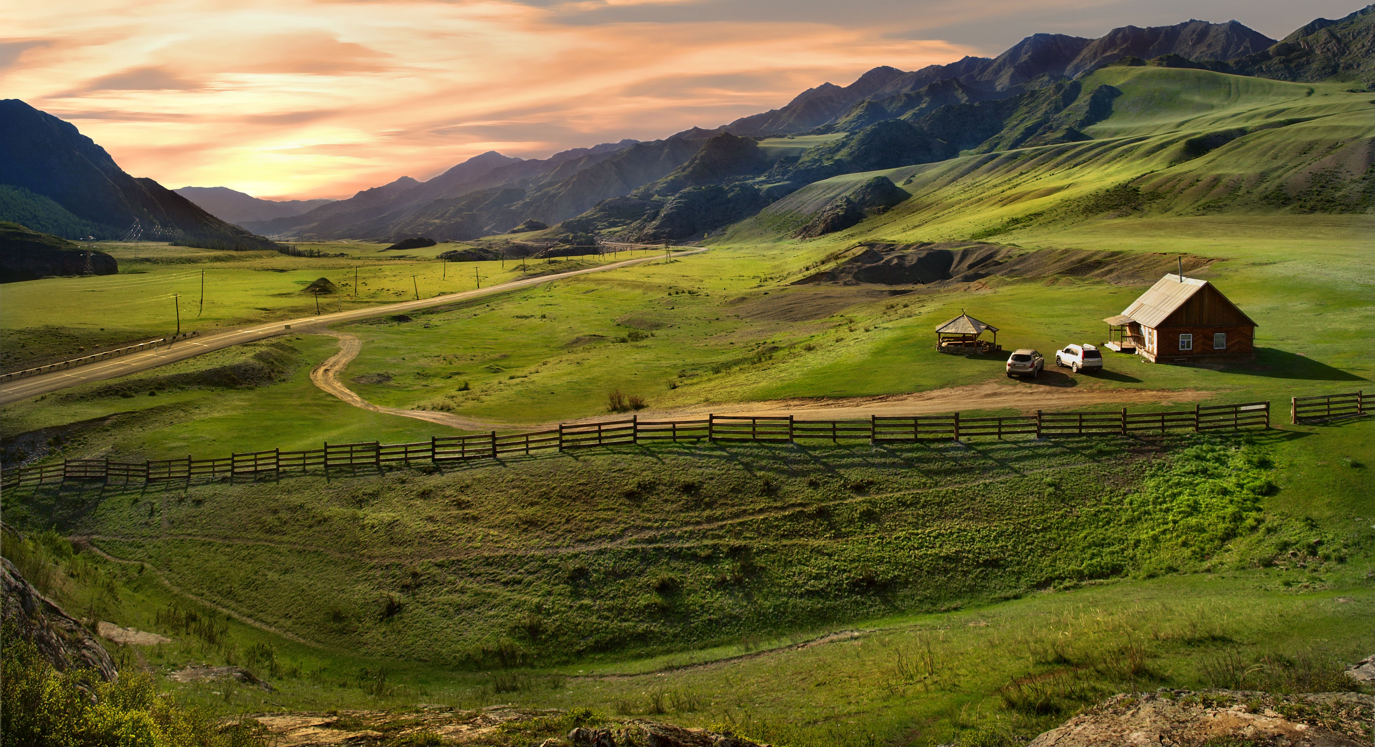 House In The Mountains Sunlight Nature Landscape Wallpapers