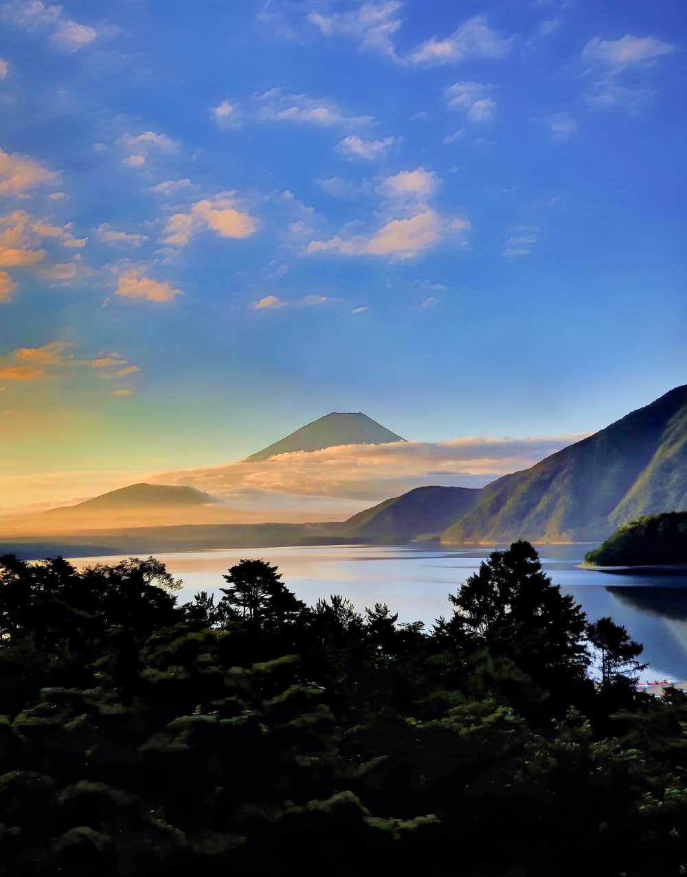 Japan Mountains Lake At Sunset Wallpapers