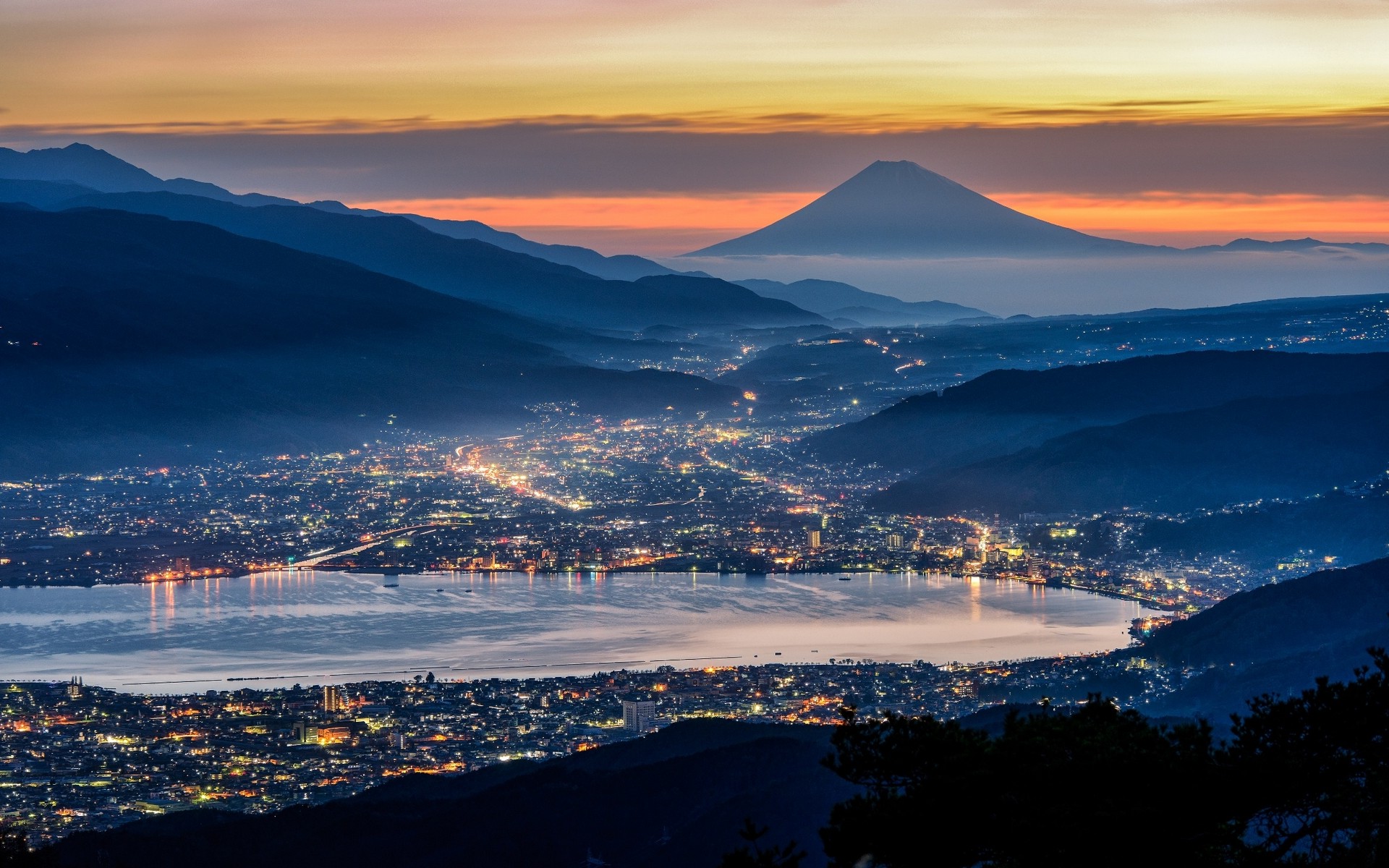 Japan Mountains Lake At Sunset Wallpapers