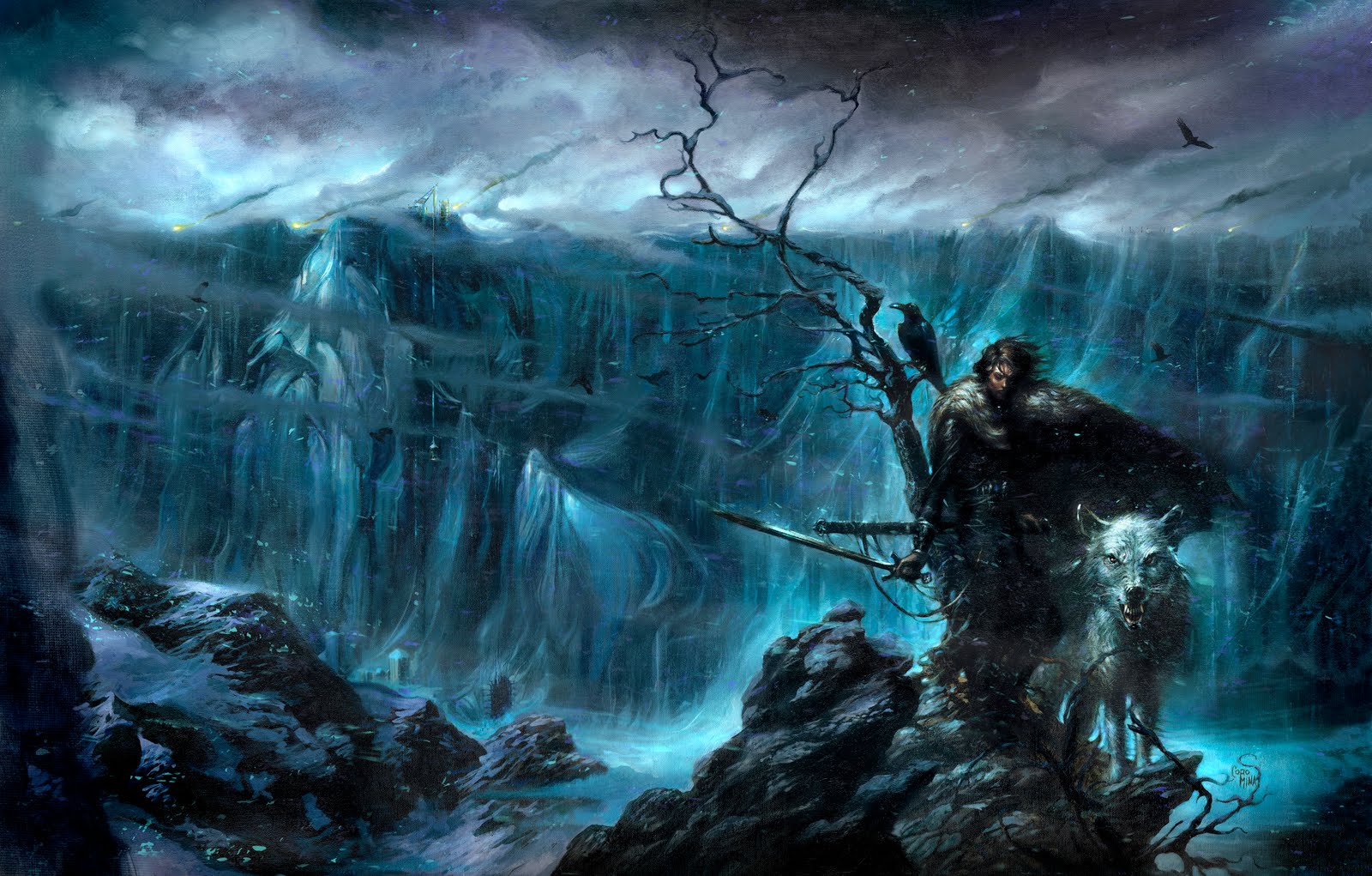 Jon Snow With Wolf Attacking White Walkers Artwork Wallpapers