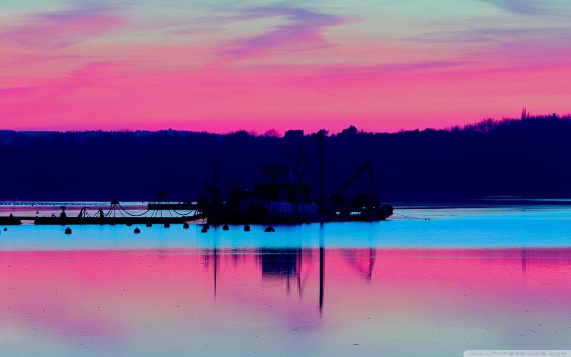 Lake House And Pink Sky Sunset Wallpapers