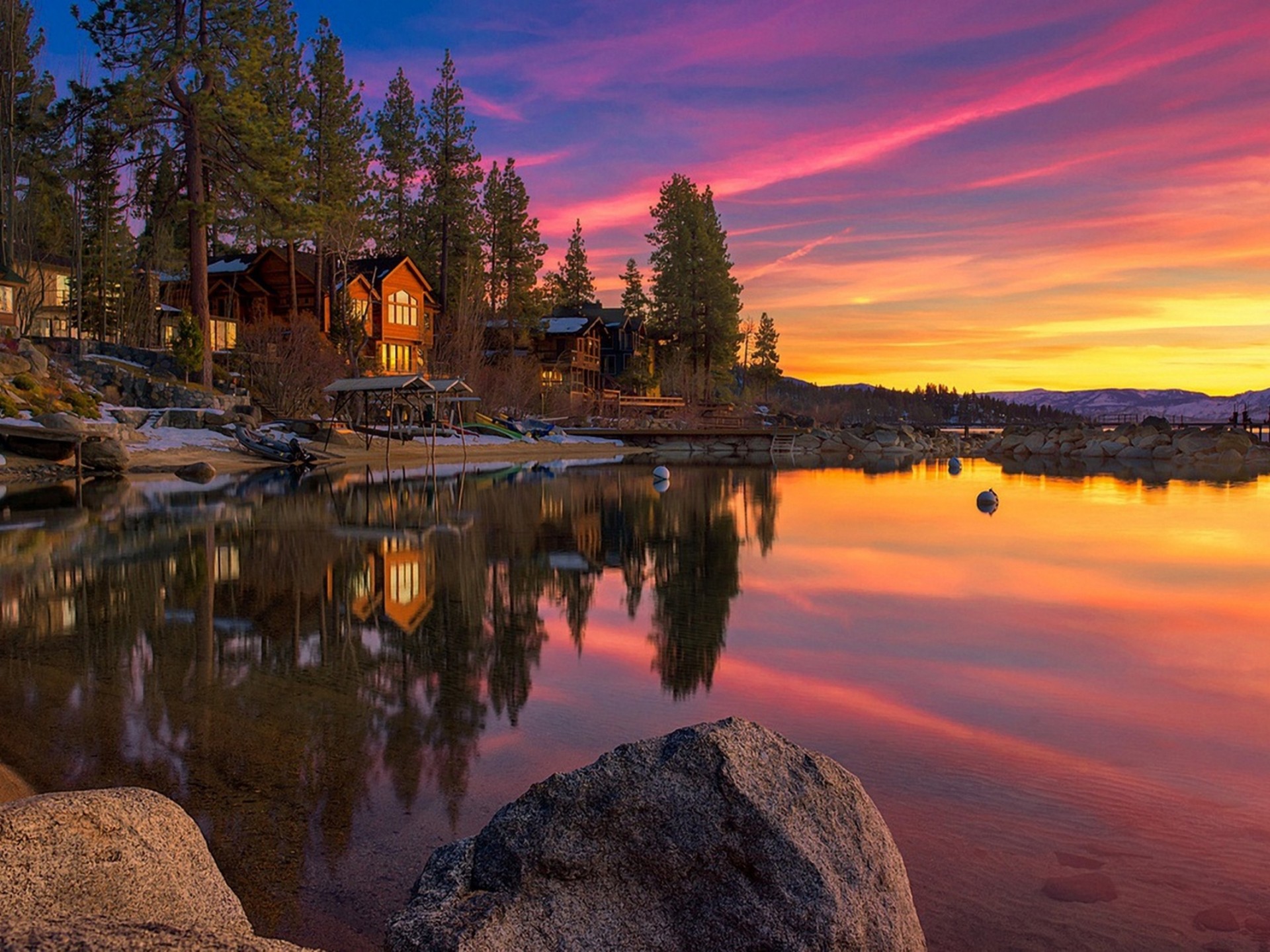 Lake House And Pink Sky Sunset Wallpapers