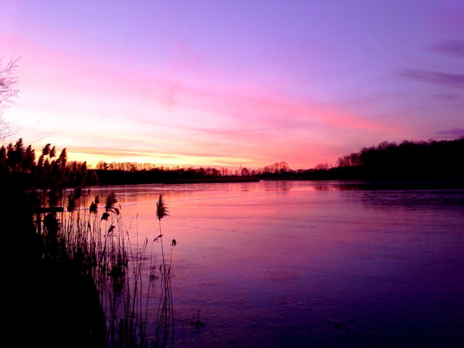 Lake House And Pink Sky Sunset Wallpapers