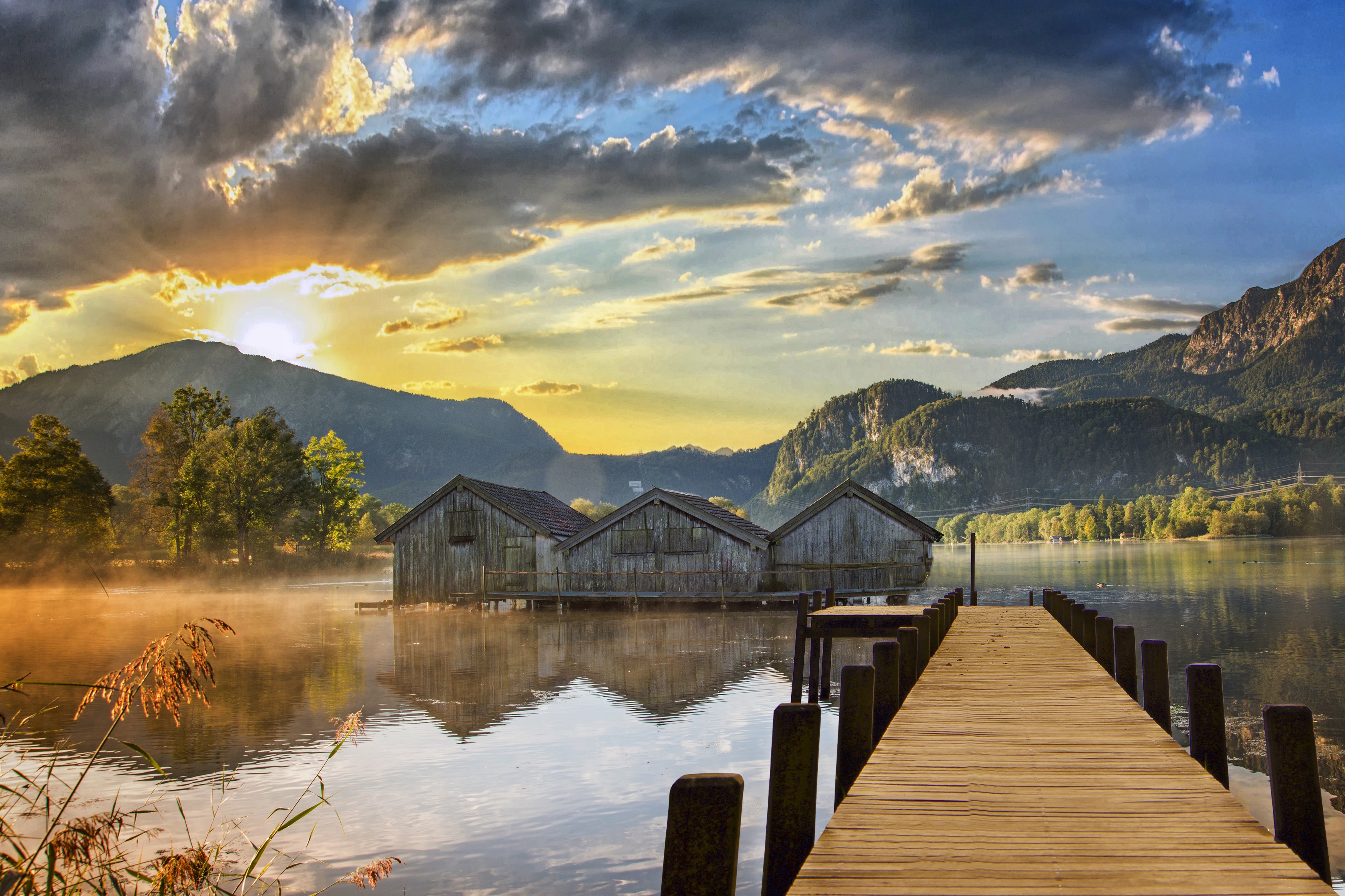 Lake Pier And Mountain Sunset Wallpapers