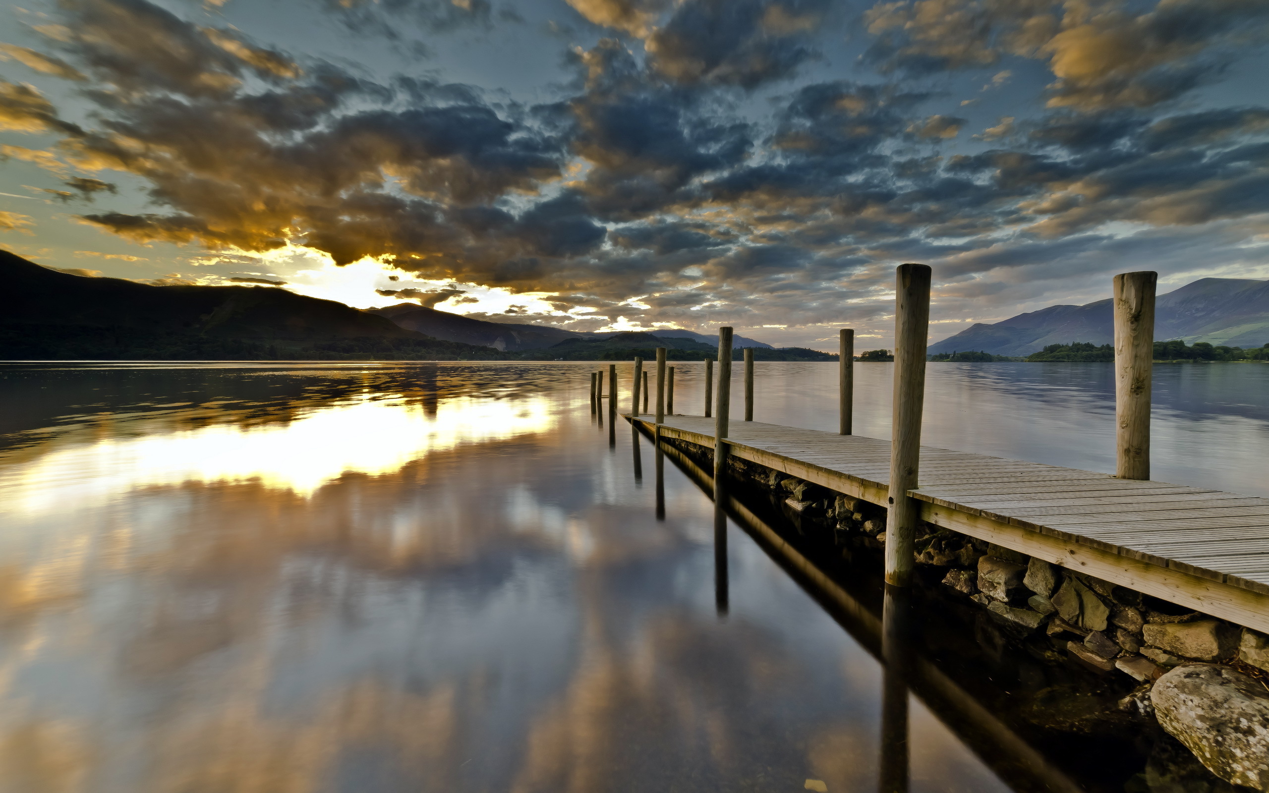 Lake Pier And Mountain Sunset Wallpapers