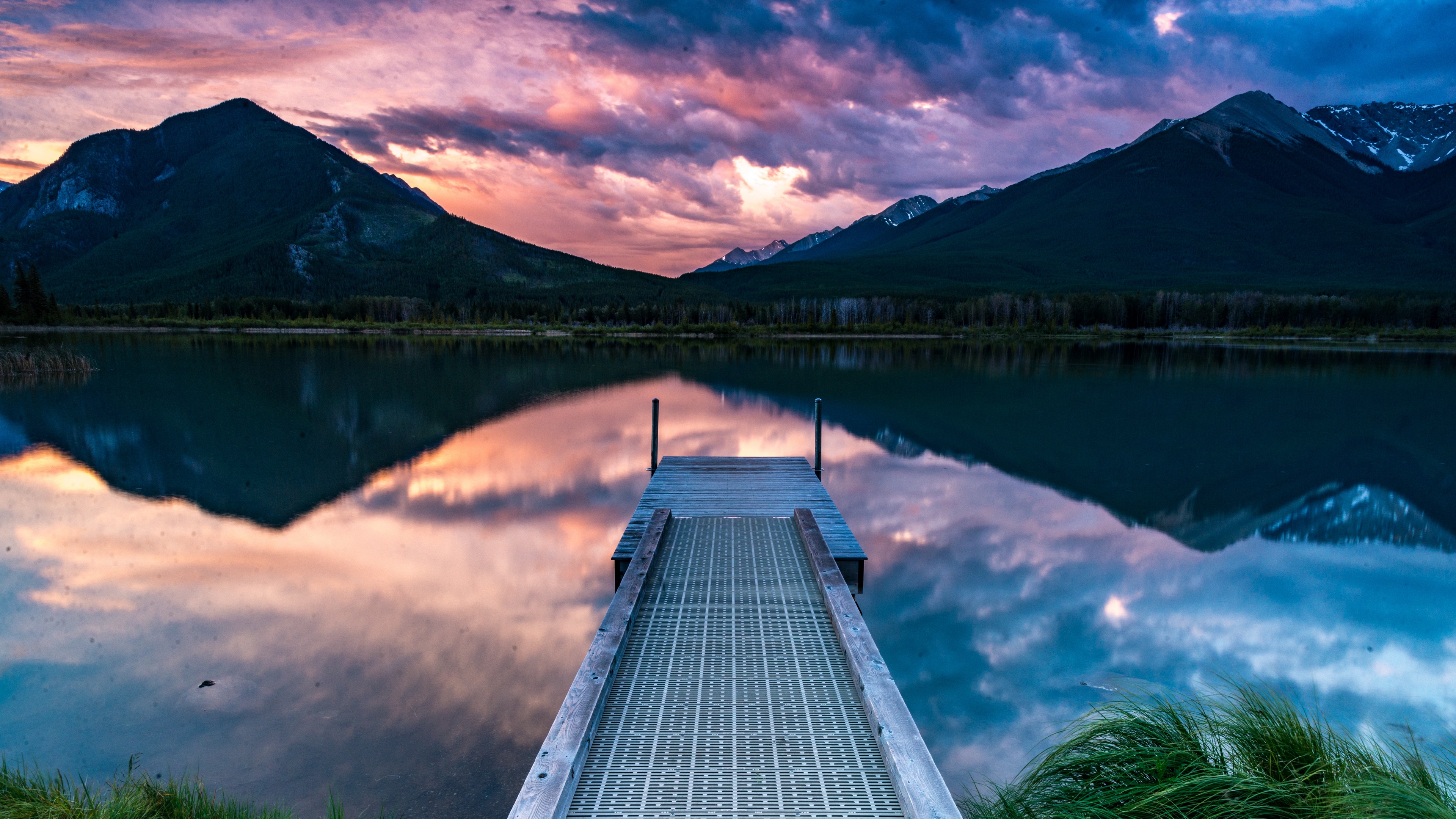 Lake Pier And Mountain Sunset Wallpapers