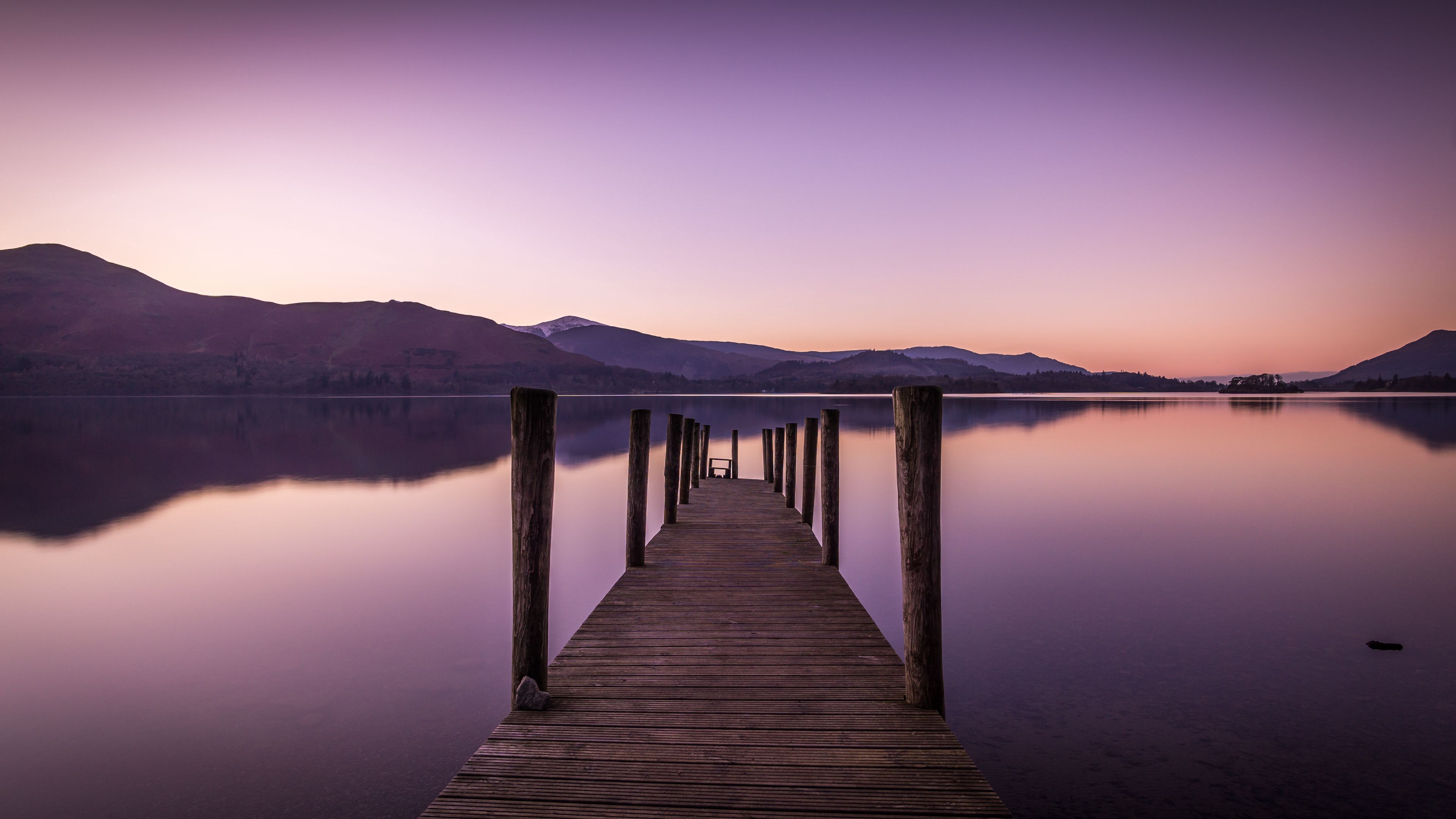 Lake Pier And Mountain Sunset Wallpapers