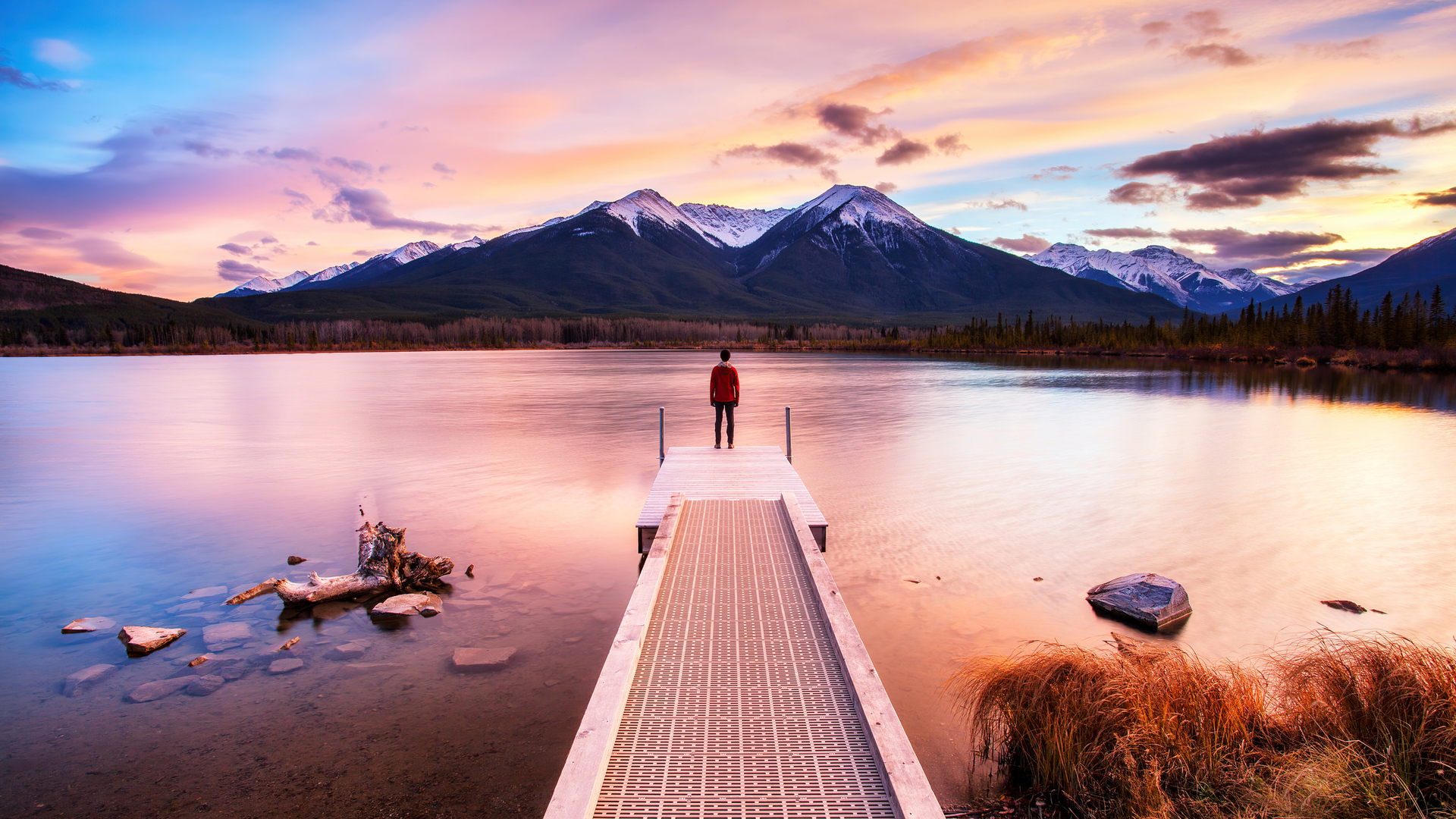 Lake Pier And Mountain Sunset Wallpapers