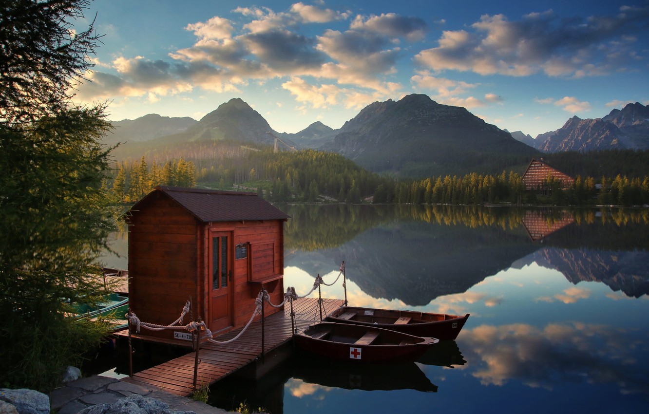 Lake Pier And Mountain Sunset Wallpapers