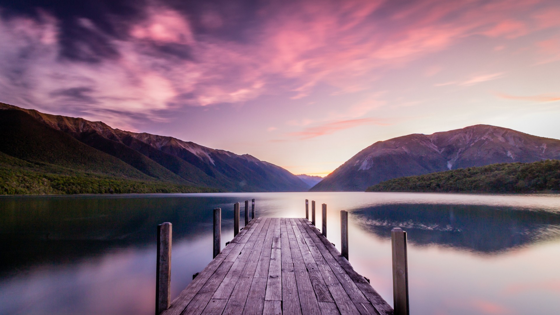 Lake Pier And Mountain Sunset Wallpapers