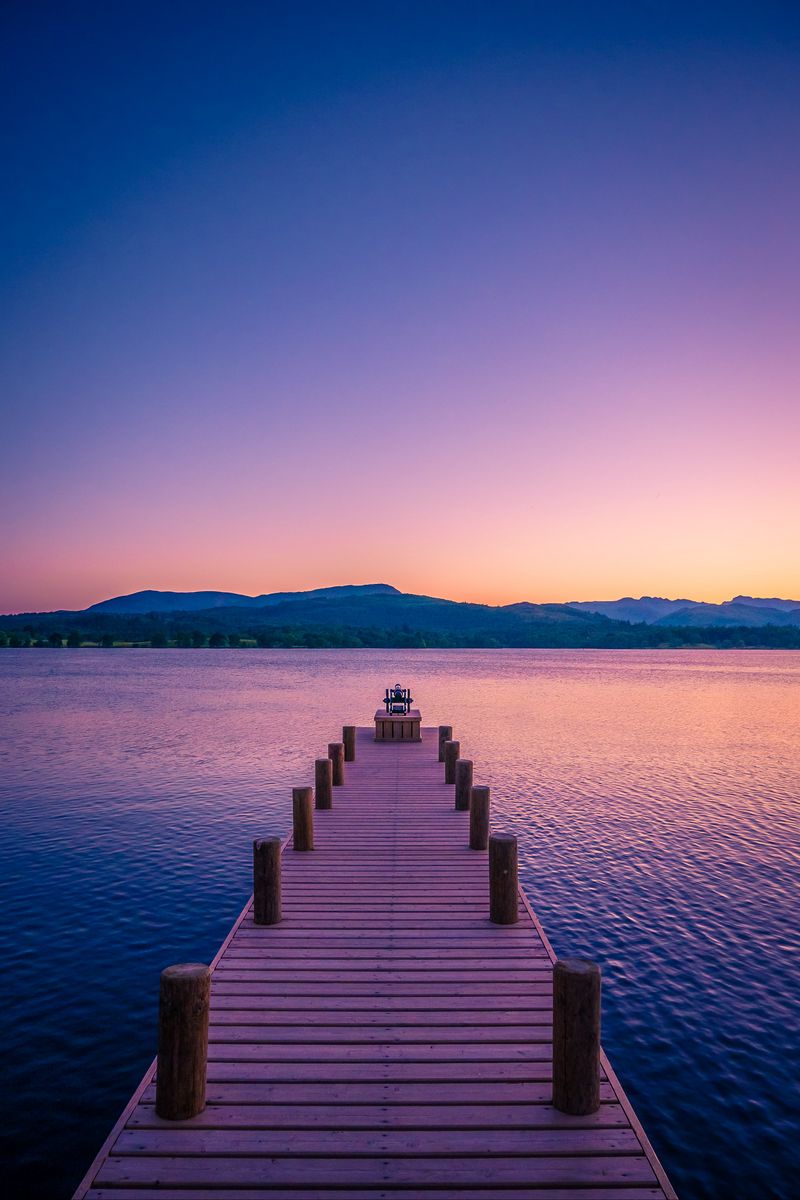 Lake Pier And Mountain Sunset Wallpapers