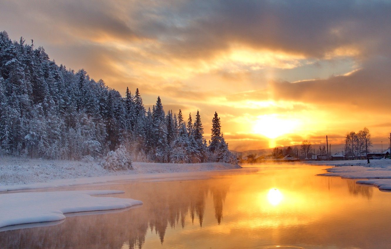 Lake View In Winter Sunset Wallpapers