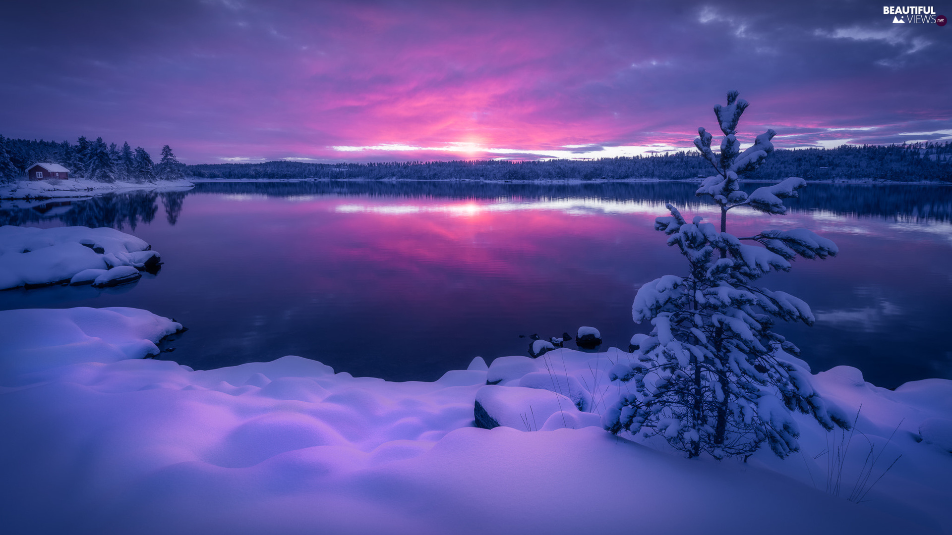 Lake View In Winter Sunset Wallpapers