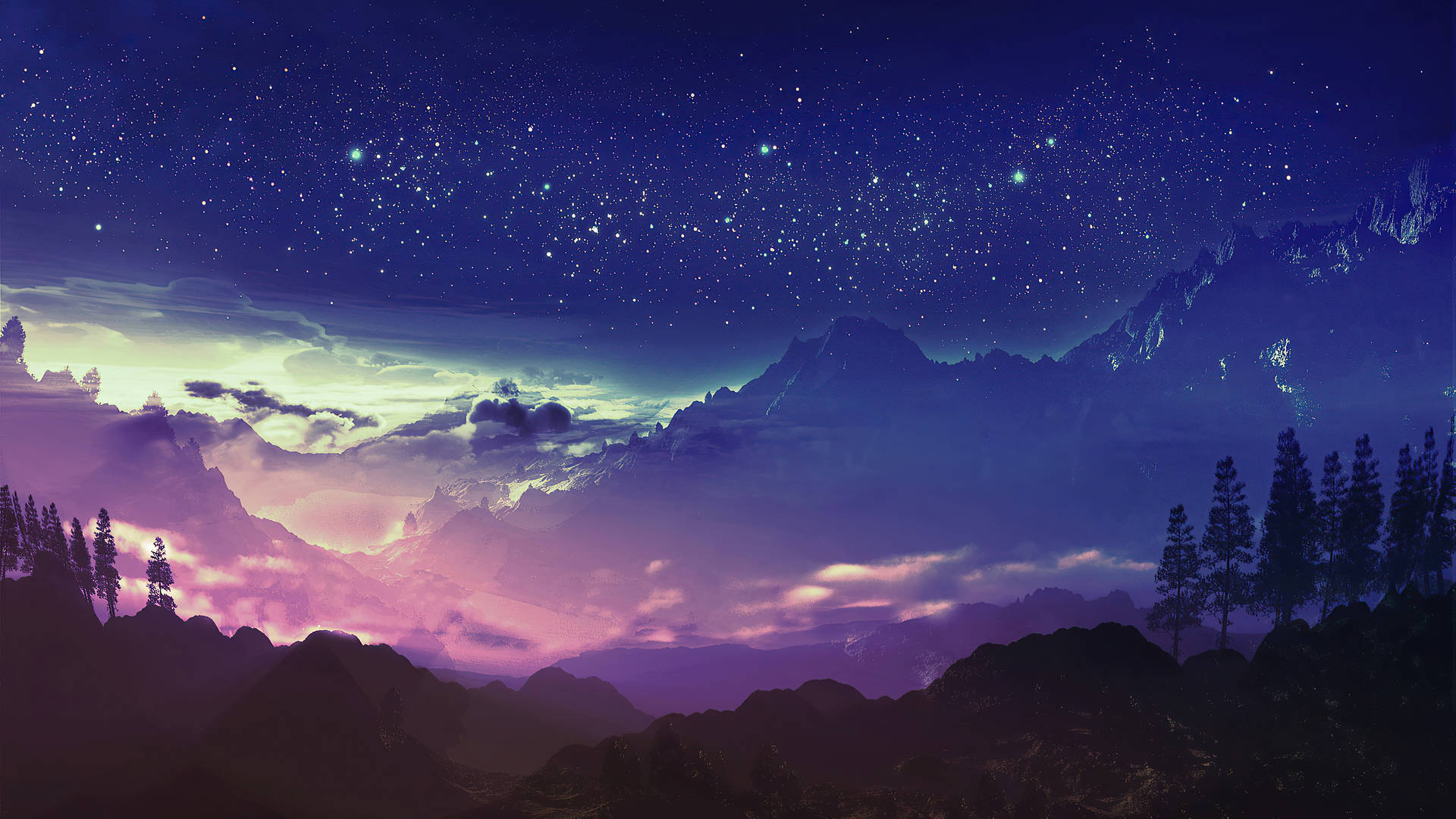 Landscape Forest Mountains In Night Sky Wallpapers