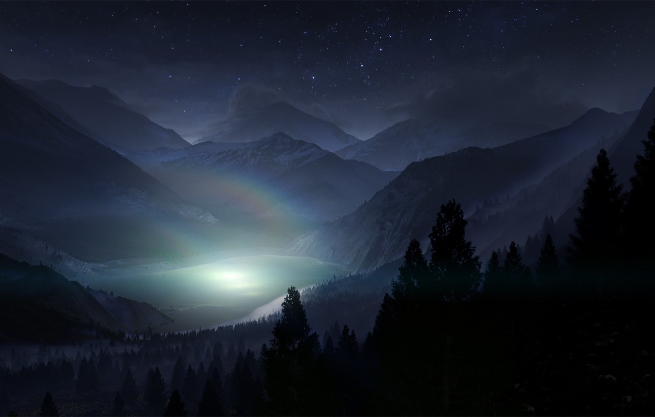 Landscape Forest Mountains In Night Sky Wallpapers