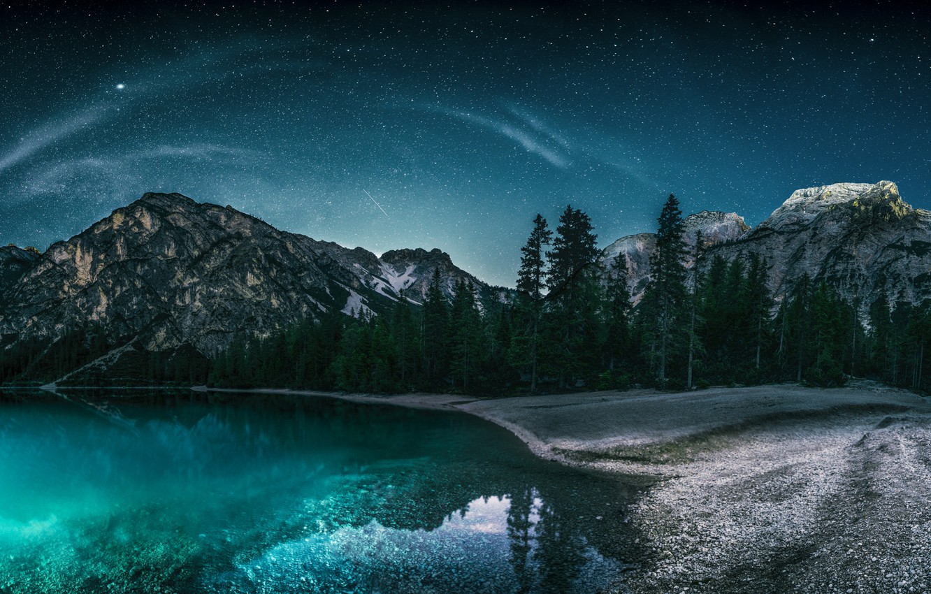 Landscape Forest Mountains In Night Sky Wallpapers