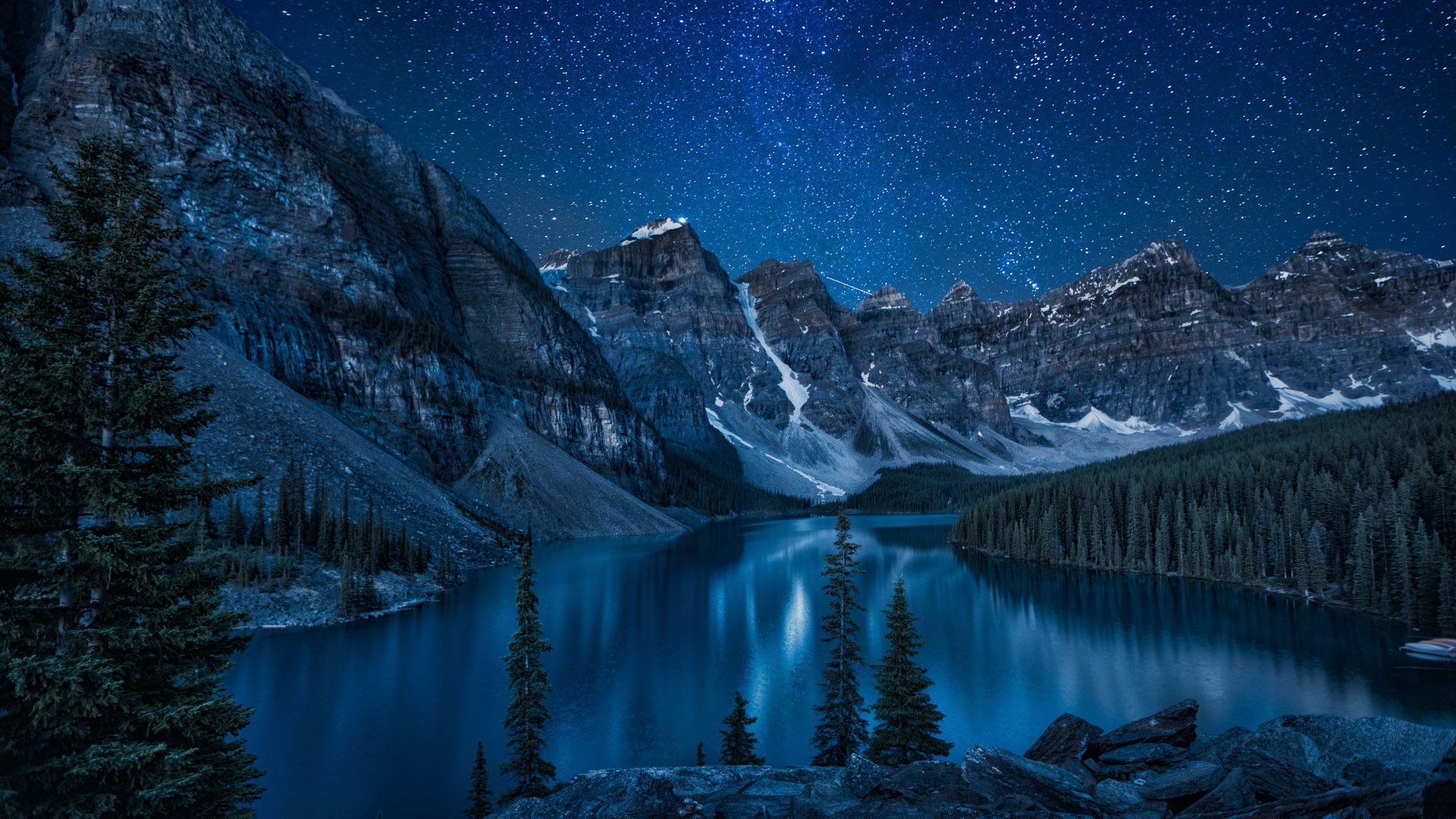 Landscape Forest Mountains In Night Sky Wallpapers