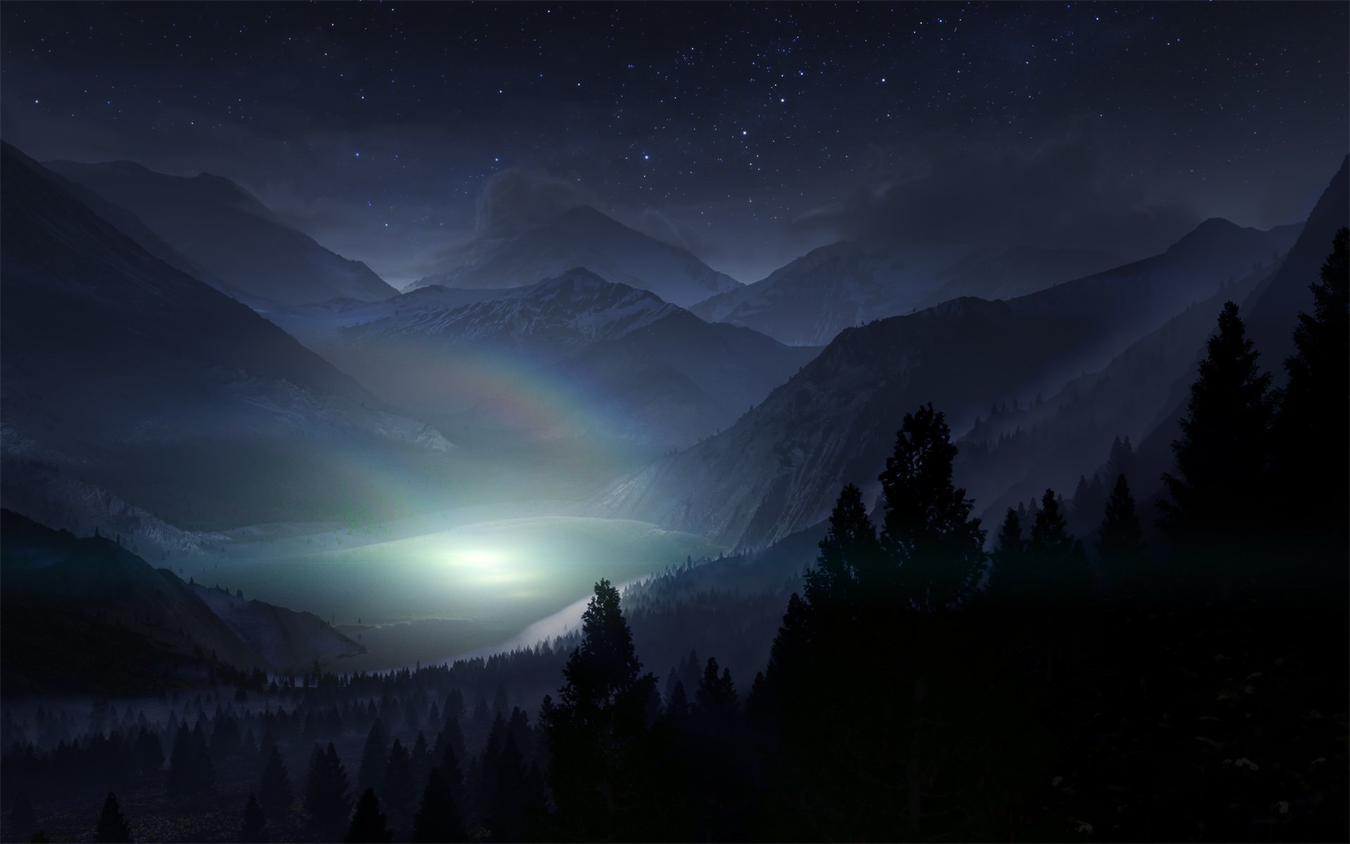 Landscape Forest Mountains In Night Sky Wallpapers