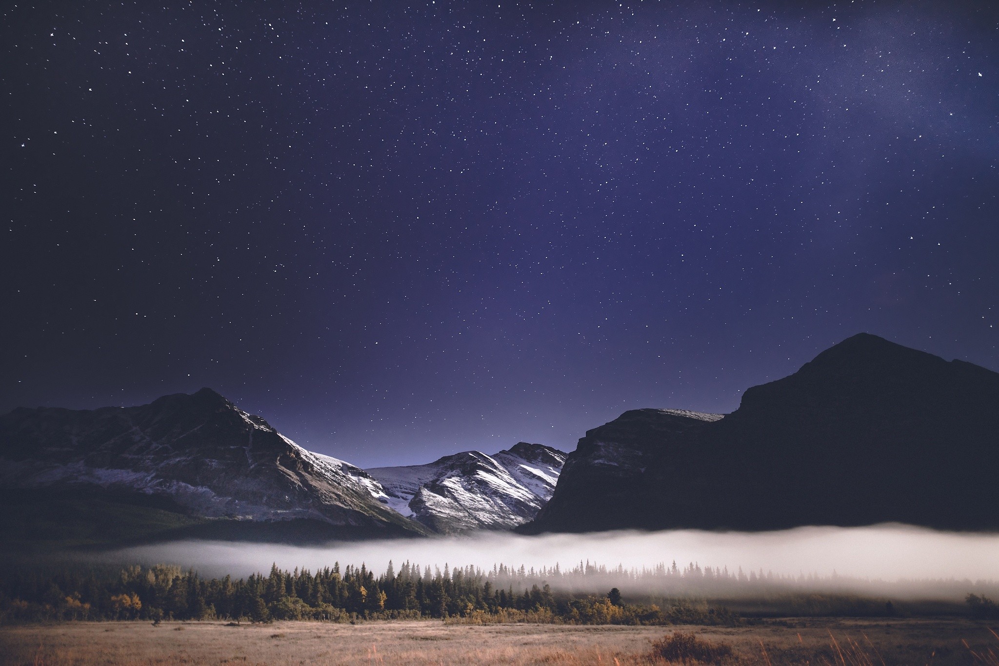 Landscape Forest Mountains In Night Sky Wallpapers