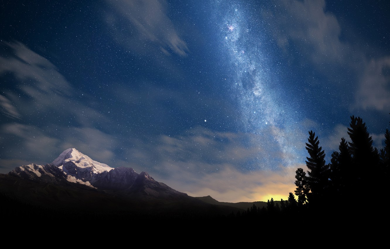 Landscape Forest Mountains In Night Sky Wallpapers
