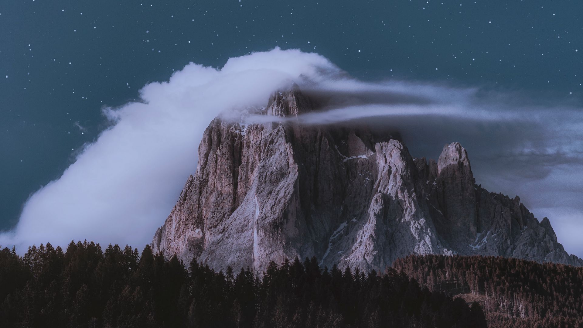 Landscape Forest Mountains In Night Sky Wallpapers