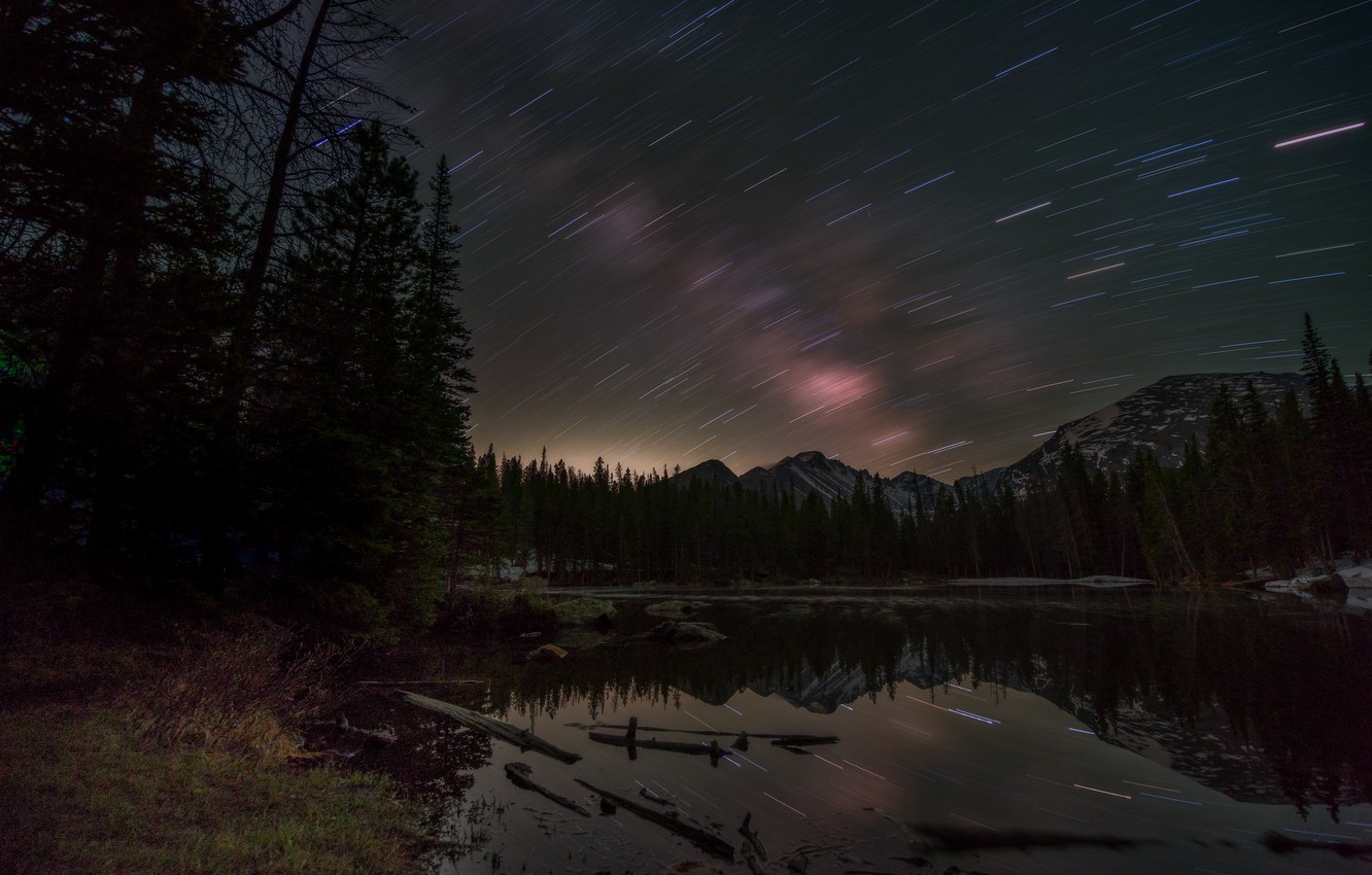 Landscape Forest Mountains In Night Sky Wallpapers