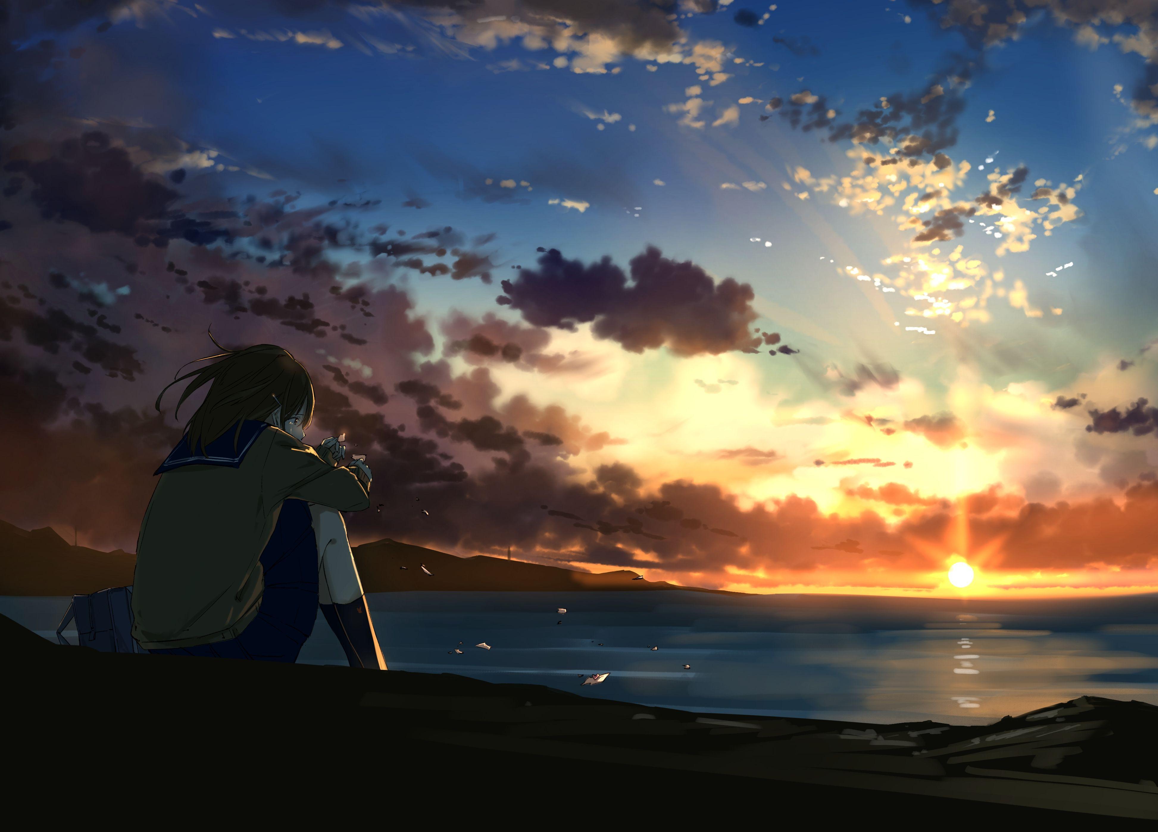 Lonely Anime Girl In Sunset Wallpapers