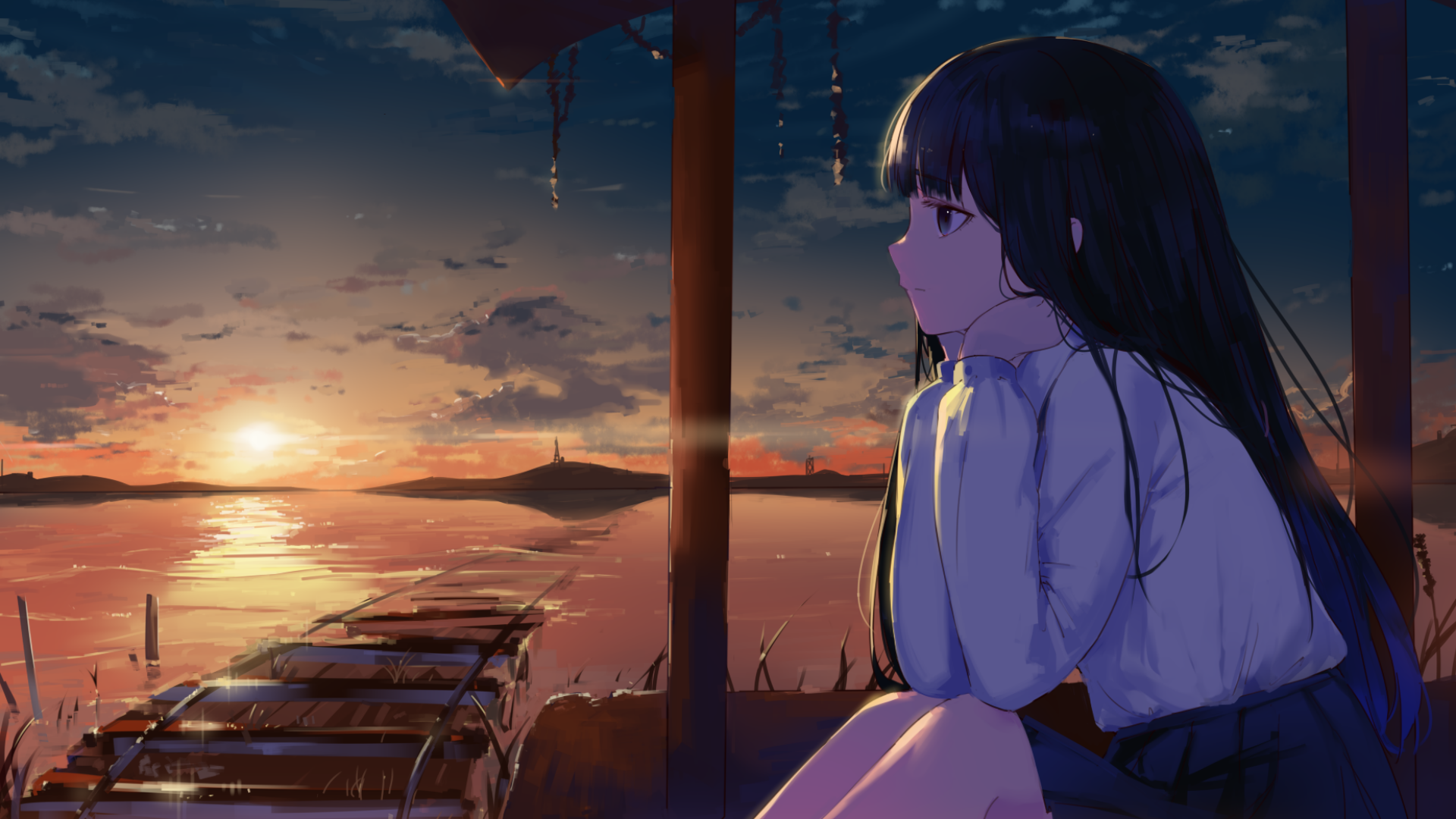 Lonely Anime Girl In Sunset Wallpapers