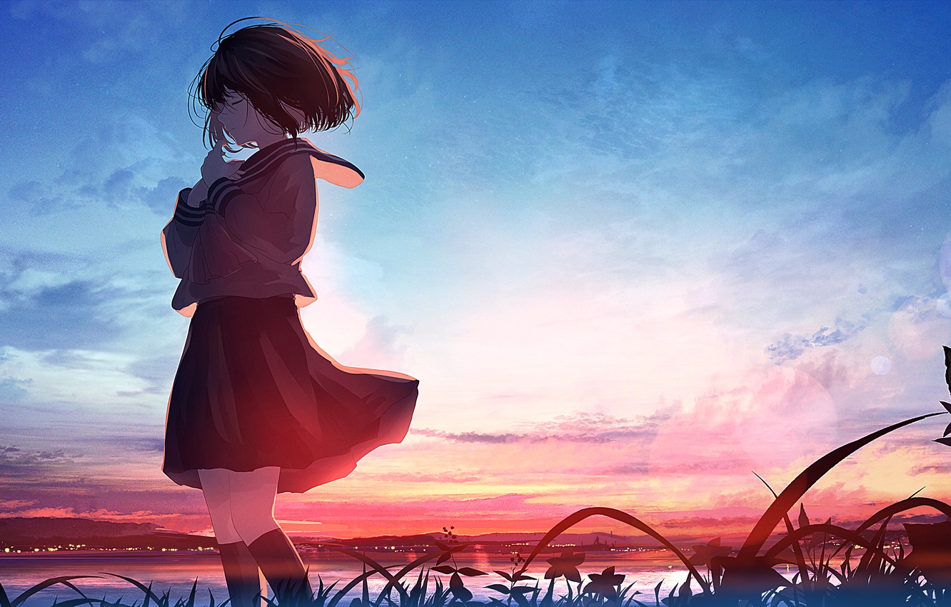 Lonely Anime Girl In Sunset Wallpapers