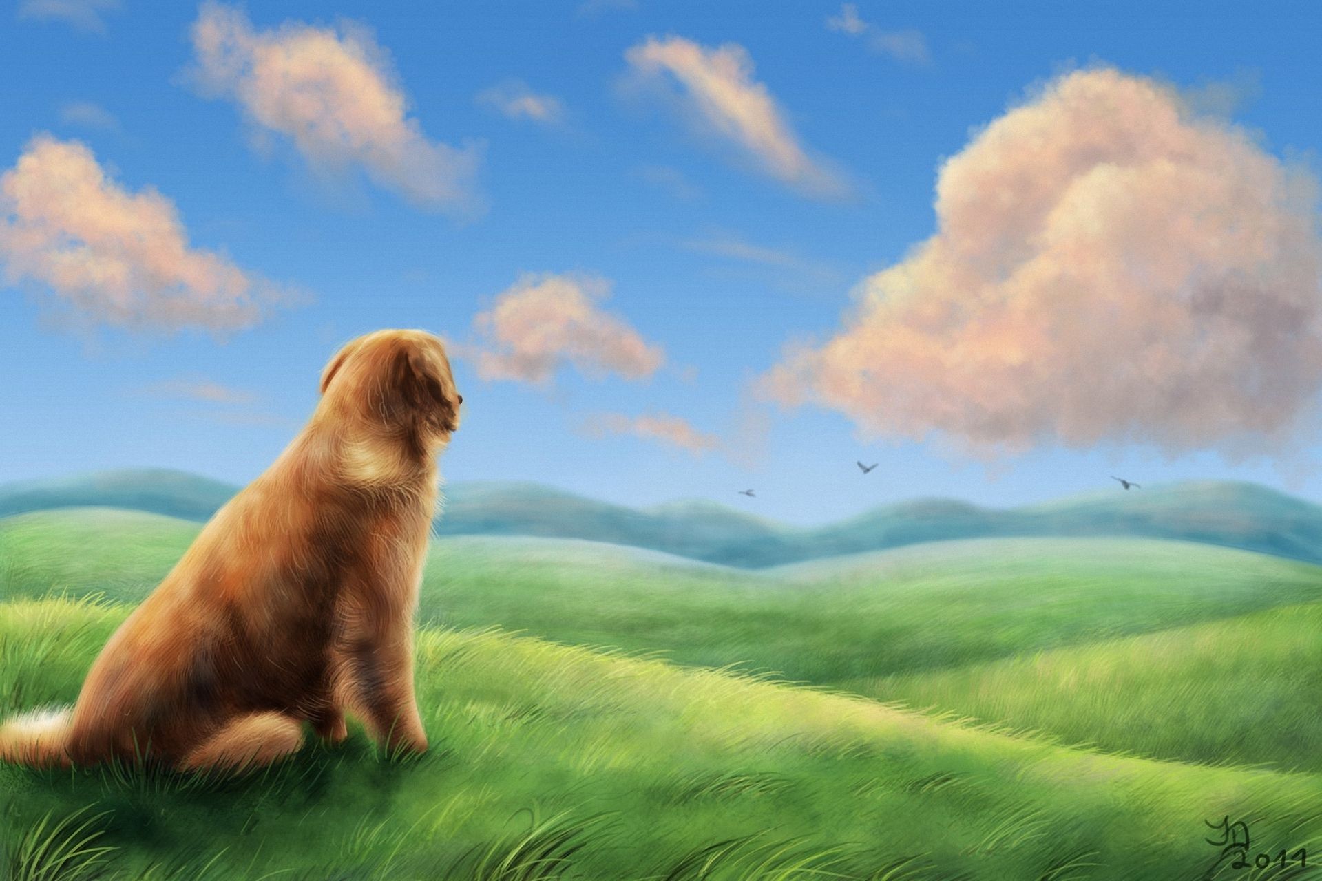 Man And Dog Painting Landscape Wallpapers