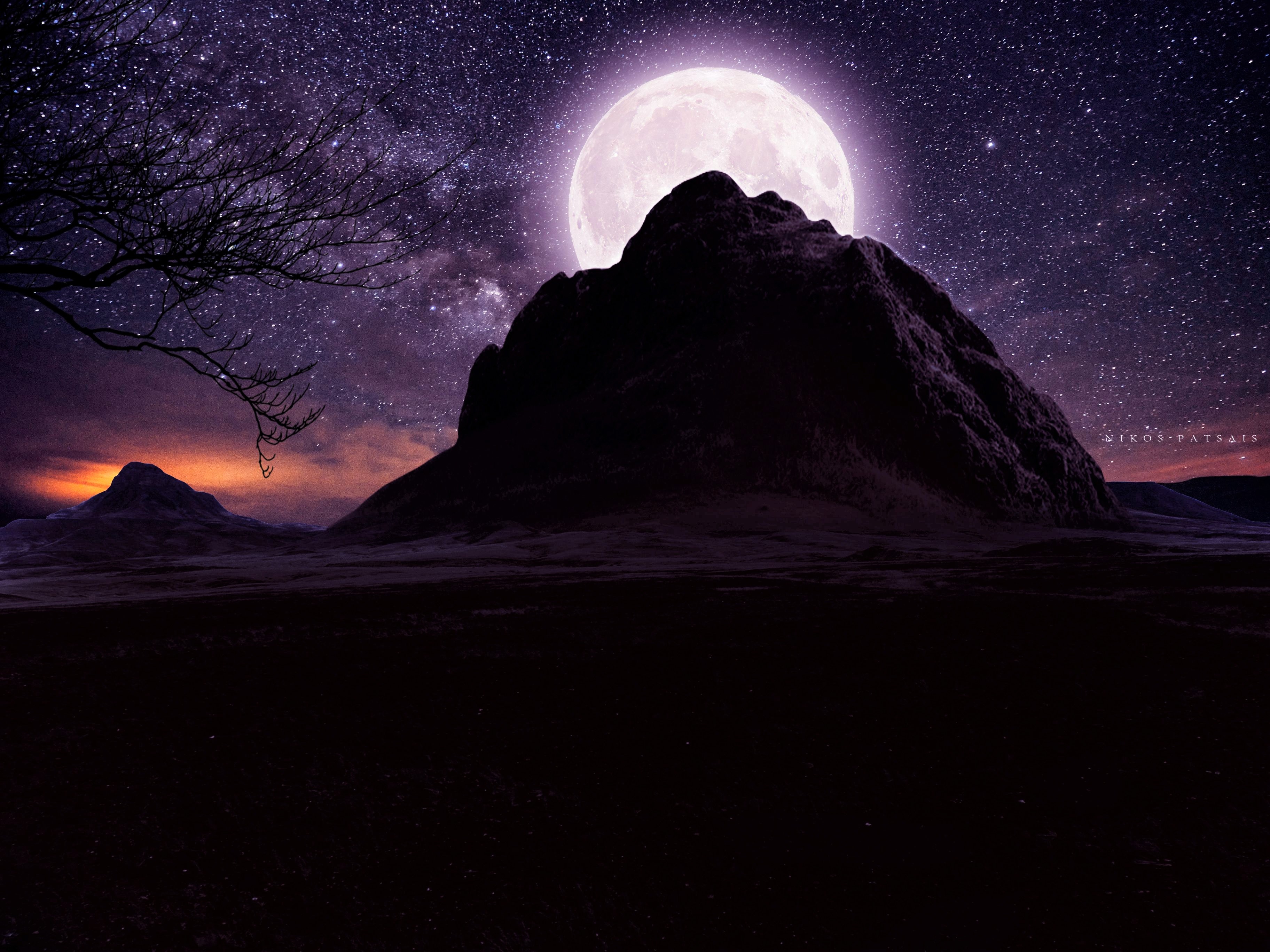 Man Watching Moon Rising Over Mountains
 Wallpapers