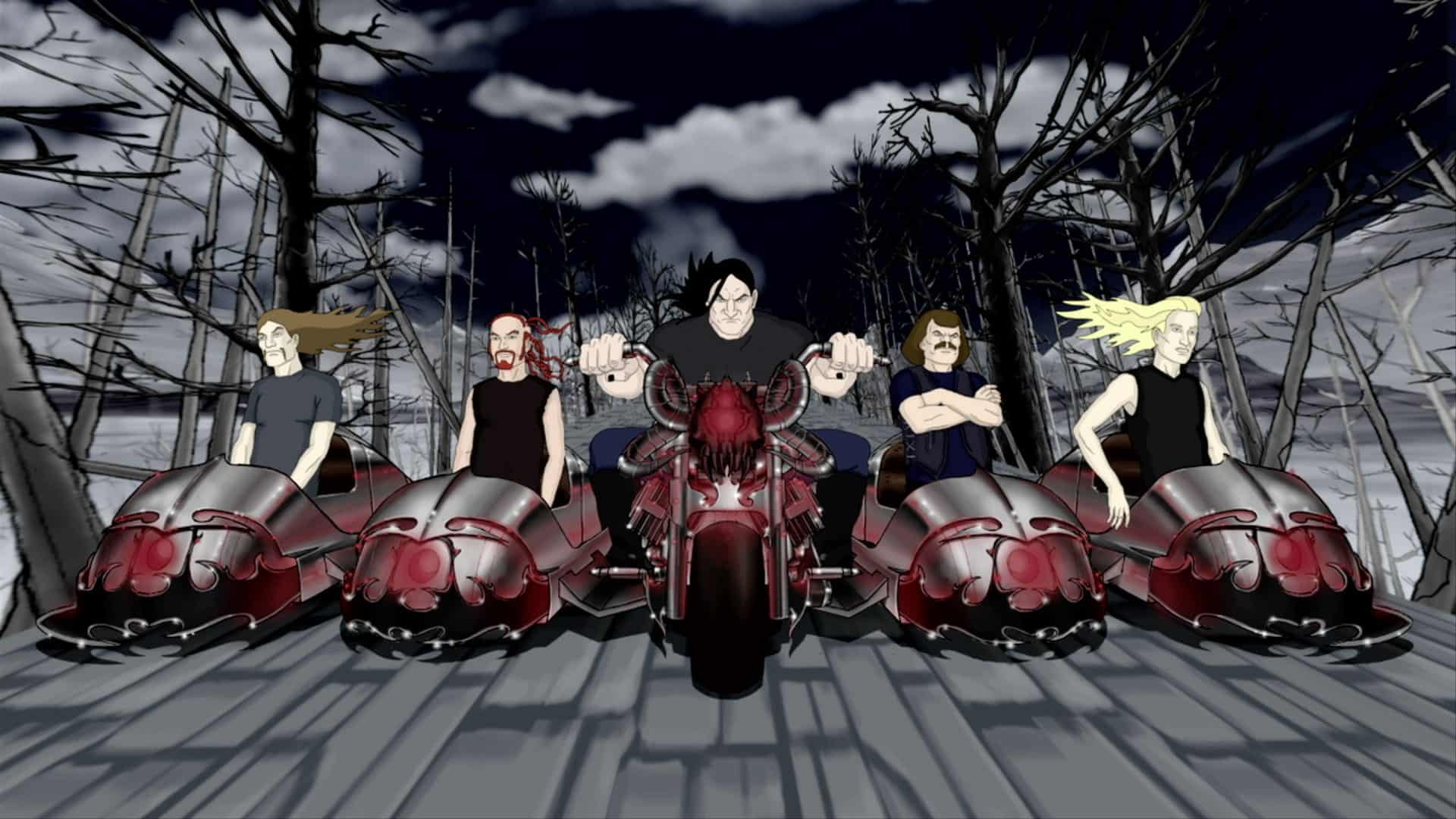 Песни титмауса. Группа Dethklok. Dethklok мотоцикл. Металлопокалипсис. Металлопокалипсис мотоцикл.