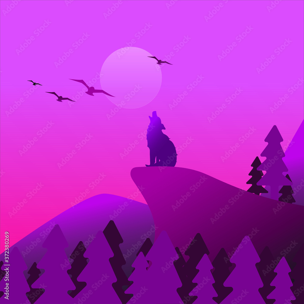 Minimal Sunset, Purple Mountains And Birds Wallpapers