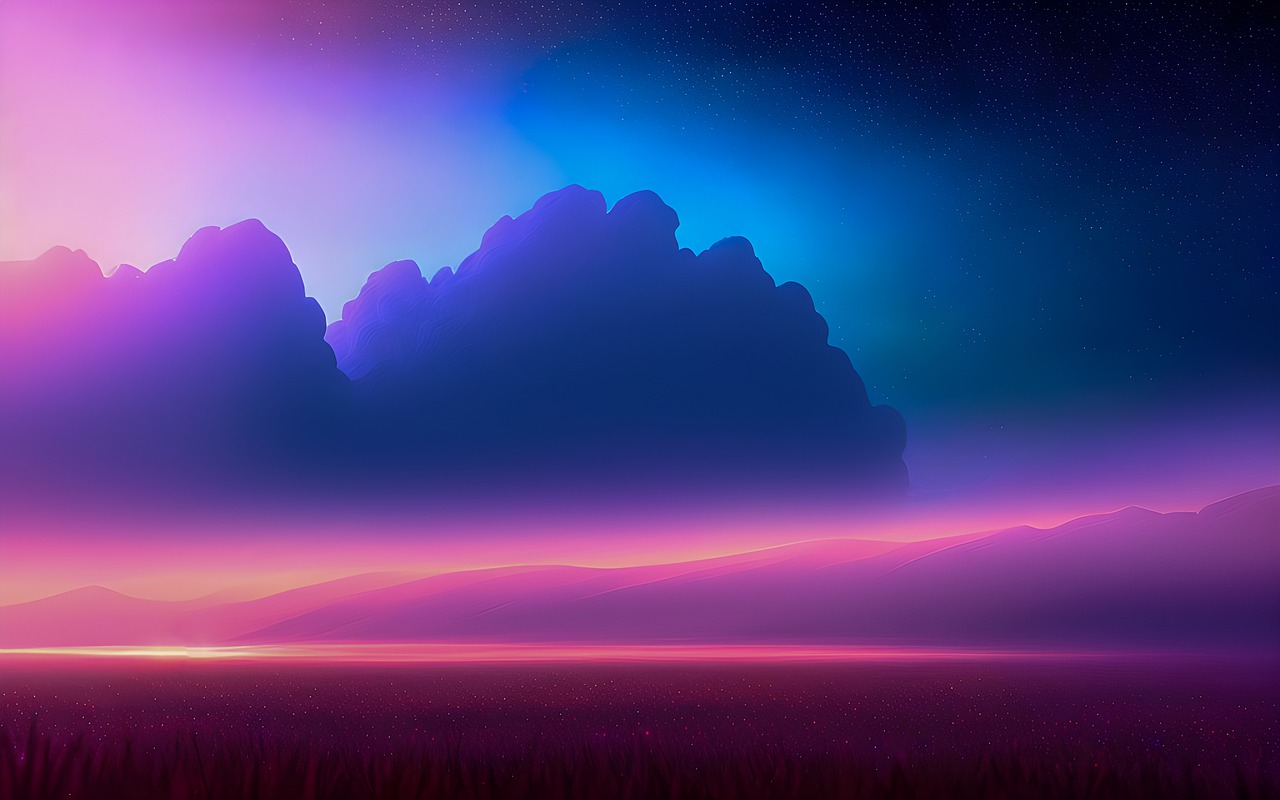 Mountain With Clouds In Background Of Blue And Purple Sky