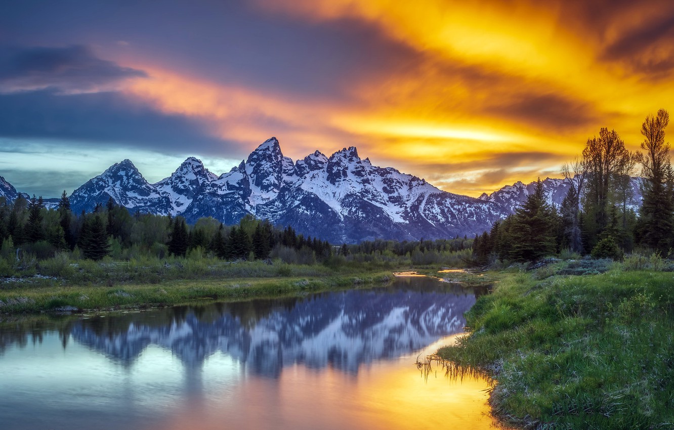 Nature Sunset Near Mountain River Artwork Wallpapers