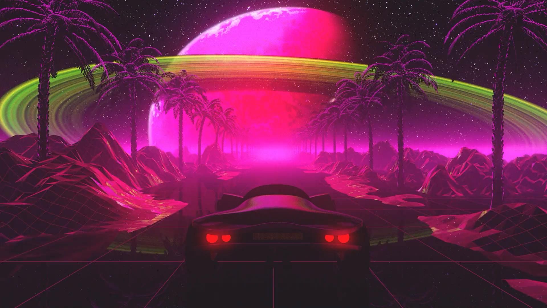 Neon Car Driving To The Moon Wolf Wallpapers