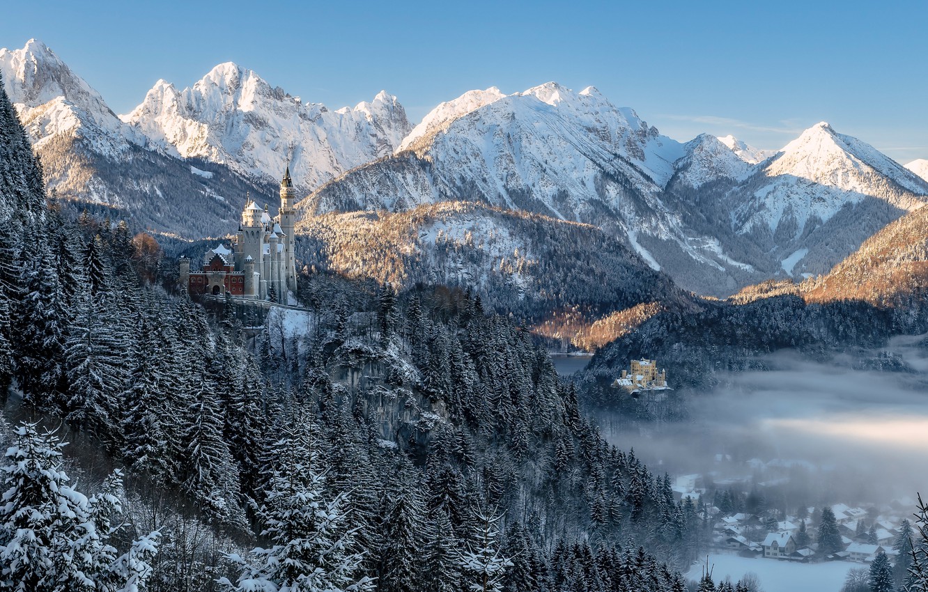 Neuschwanstein Castle Mountains And Forest Germany Wallpapers