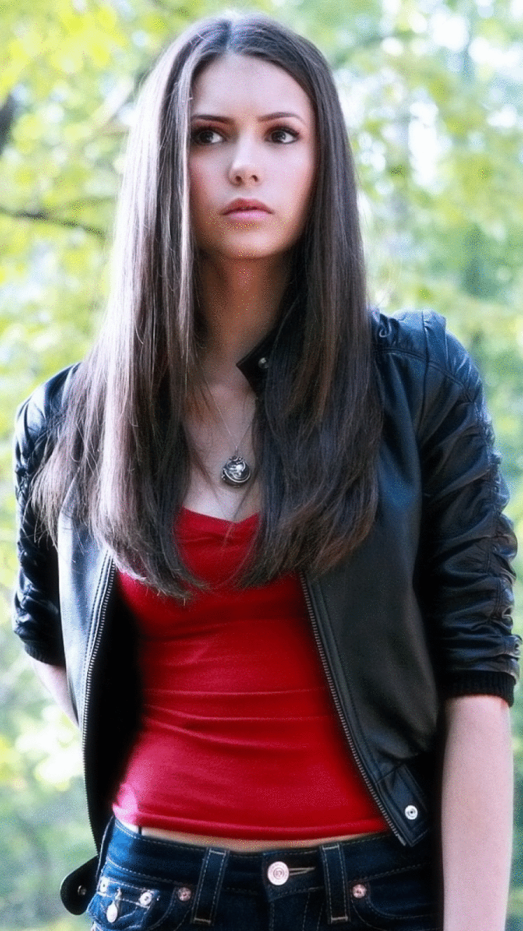 Nina Dobrev Red Leather Jacket Wallpapers