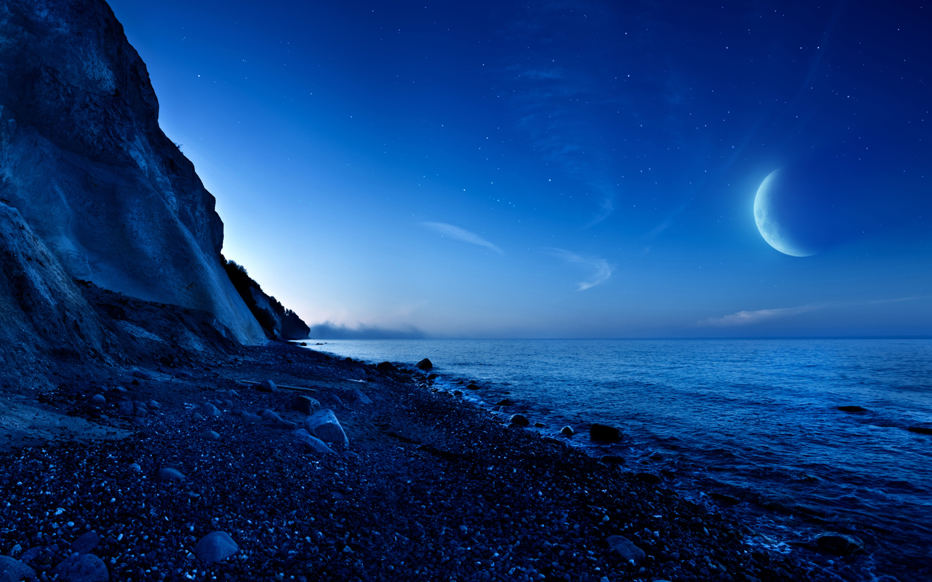Ocean During Nighttime With Moon Wallpapers