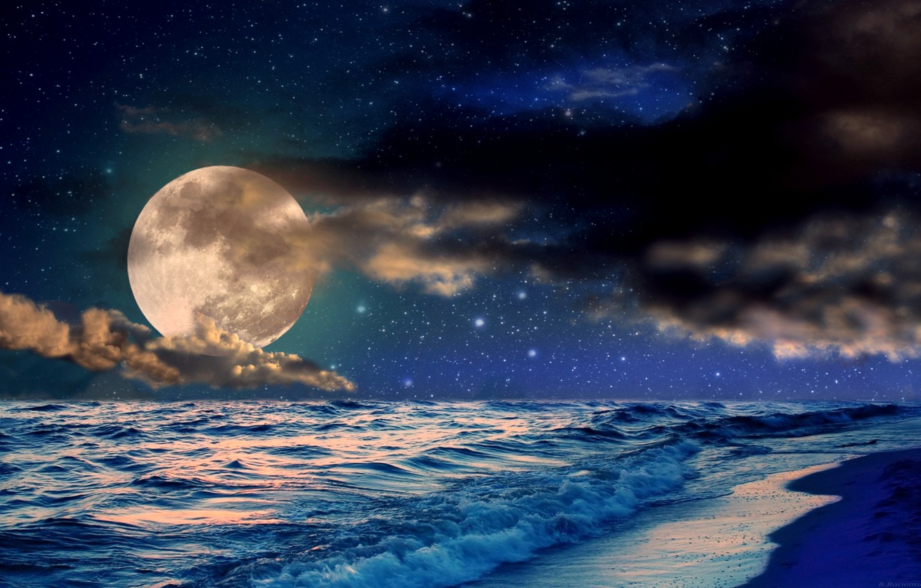 Ocean During Nighttime With Moon Wallpapers