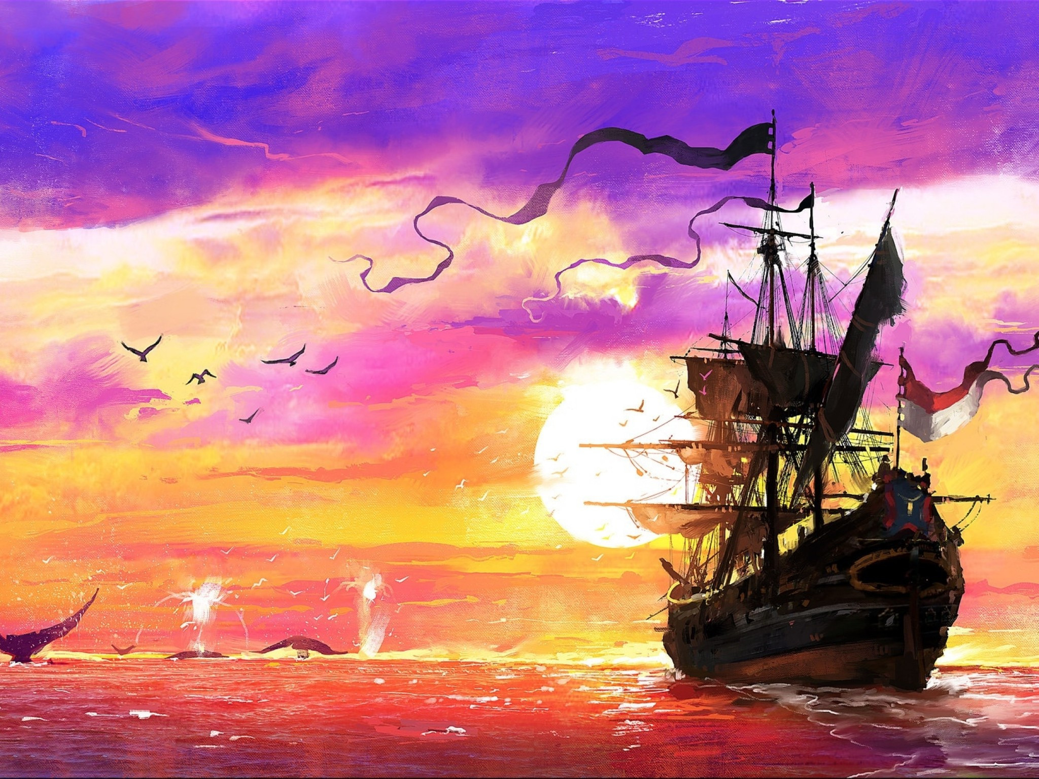 Ocean Ship Sunset Wallpapers