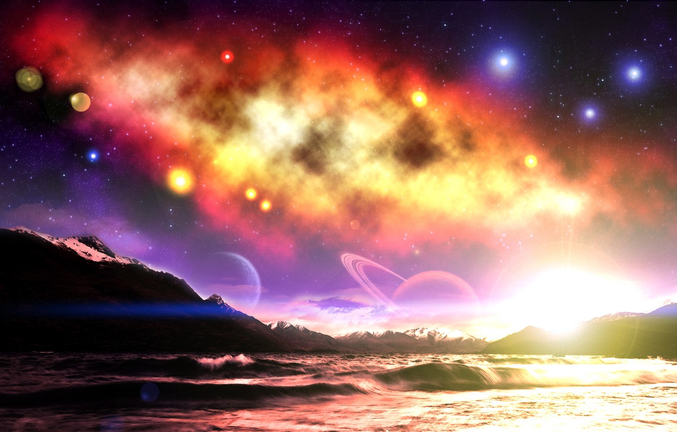 Planets Mountains Sea Sky Artwork Wallpapers