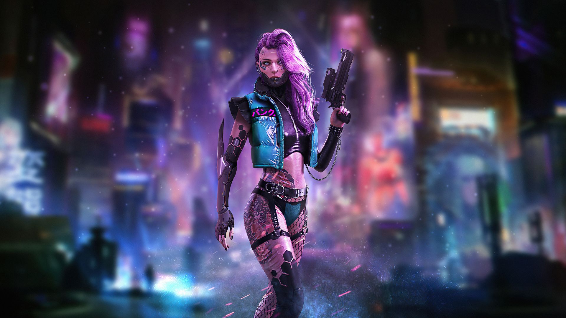 Purple Hair Cyberpunk Girl  5K Wallpapers