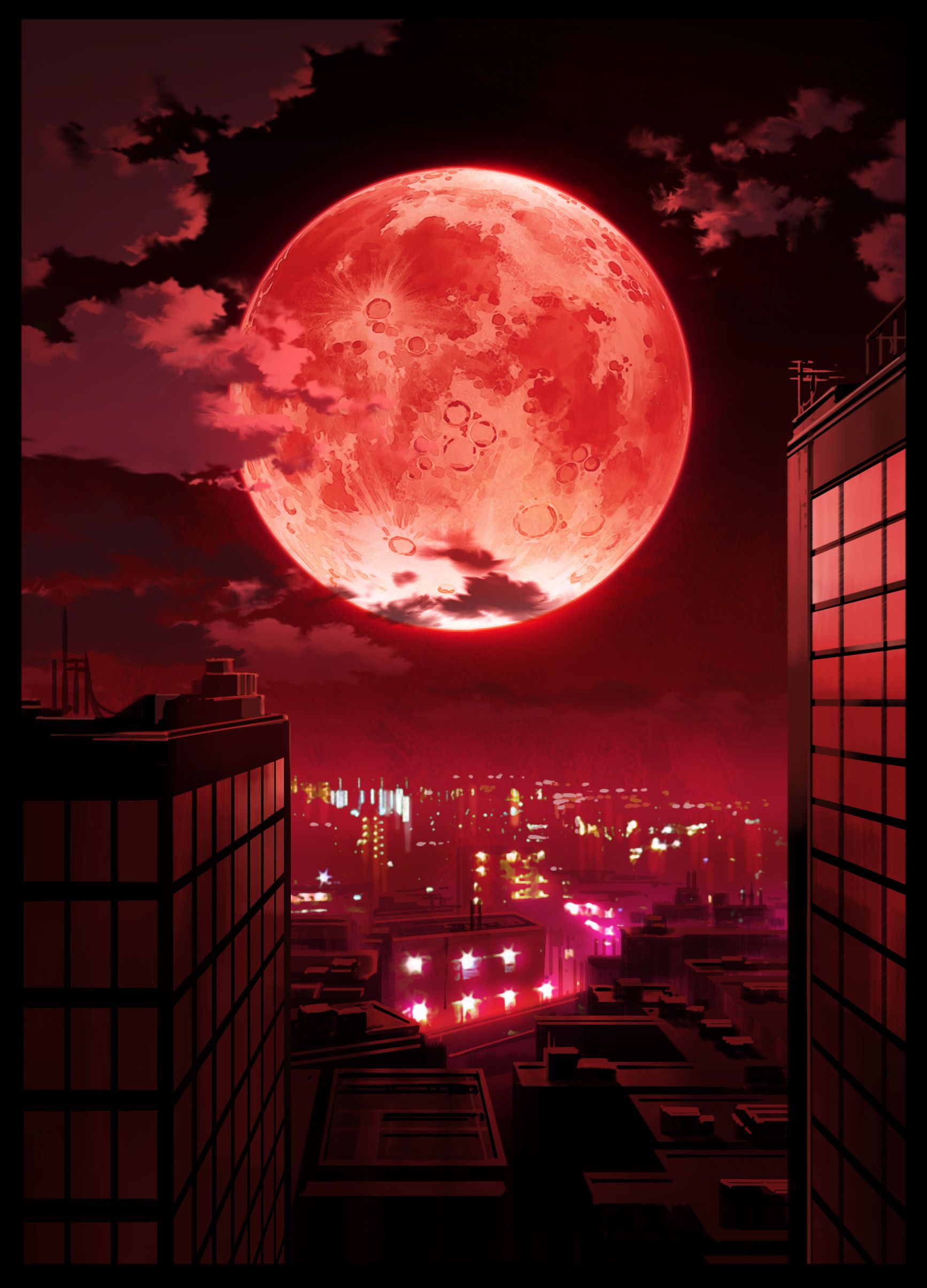 Red Moon Over City Wallpapers